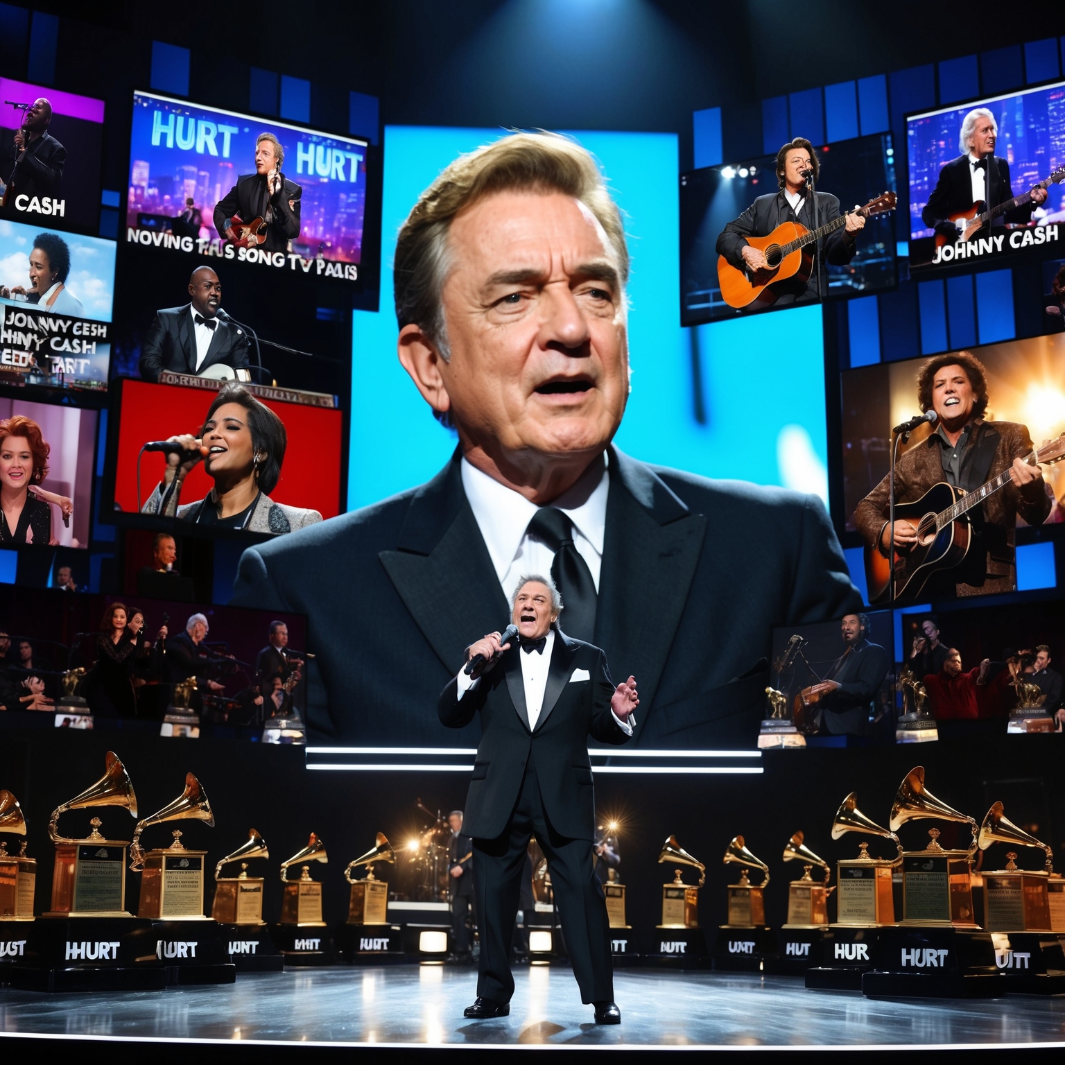 A scene depicting Johnny Cash performing live, surrounded by awards and a collage of diverse artists covering his song "Hurt," with a backdrop of movie and TV screens displaying scenes where the song plays. The ambiance is emotional and impactful, capturing the essence of Cash