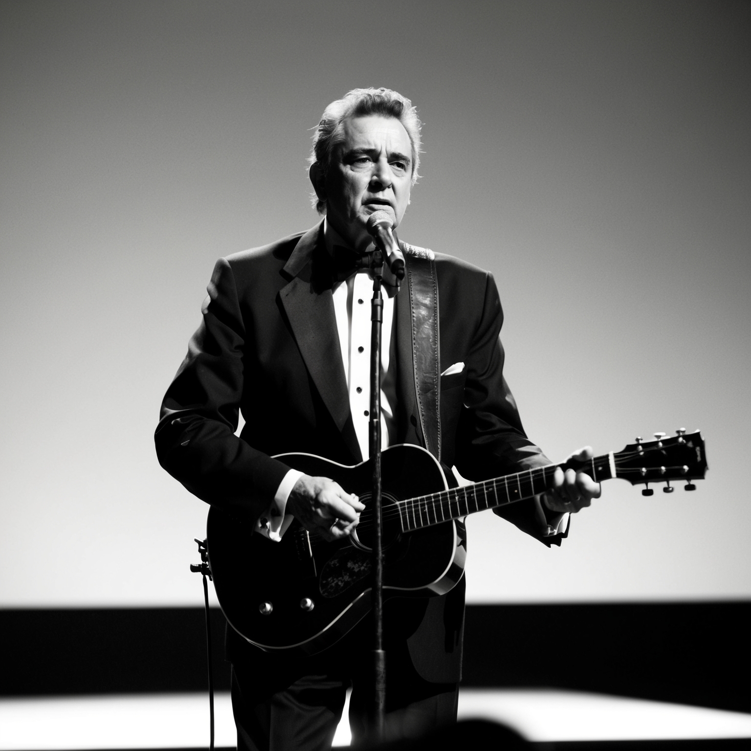 A stark and haunting depiction of Johnny Cash performing 