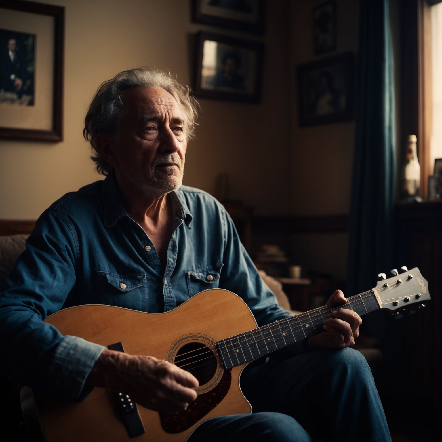 A solitary portrait of a weathered, introspective older man, sitting alone with a guitar in a dimly lit room. The room