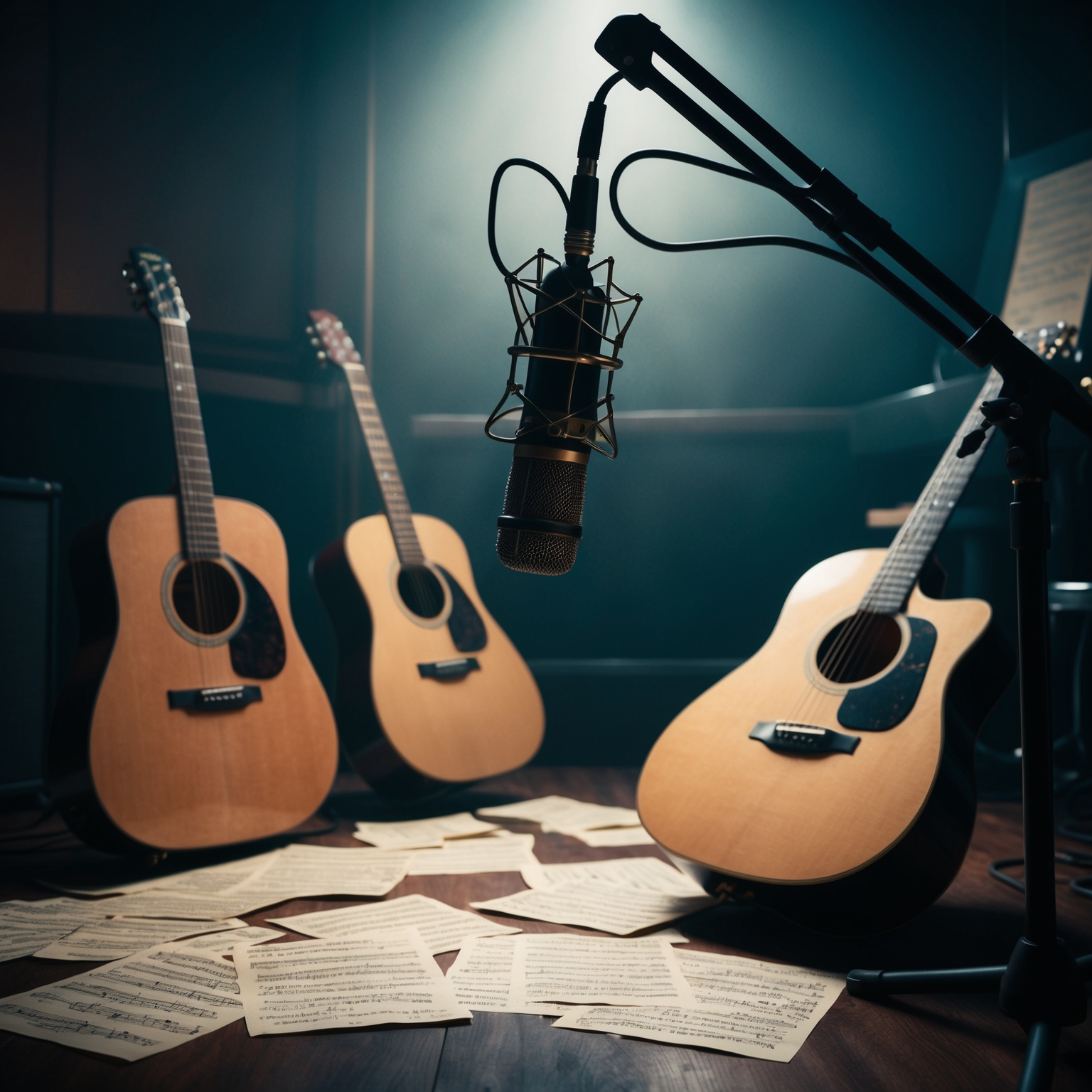 Create an image depicting a somber and introspective music studio setting, with acoustic guitars and sheets of lyrics scattered around. The studio should have a vintage aesthetic, dim lighting, and a focus on a microphone, symbolizing a reflective and final recording session. The atmosphere should convey emotion and introspection, with hints of legacy and immortality in the air.