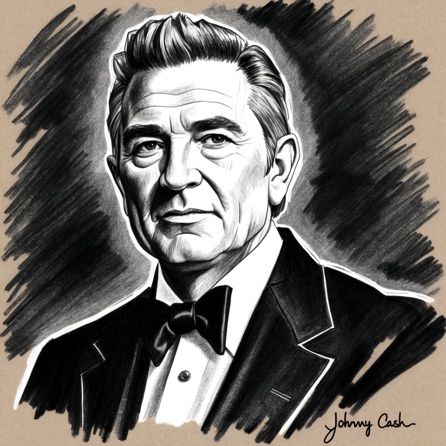 Create a black and white charcoal portrait of Johnny Cash with a half-finished feel. Capture the essence of his iconic persona known as the 