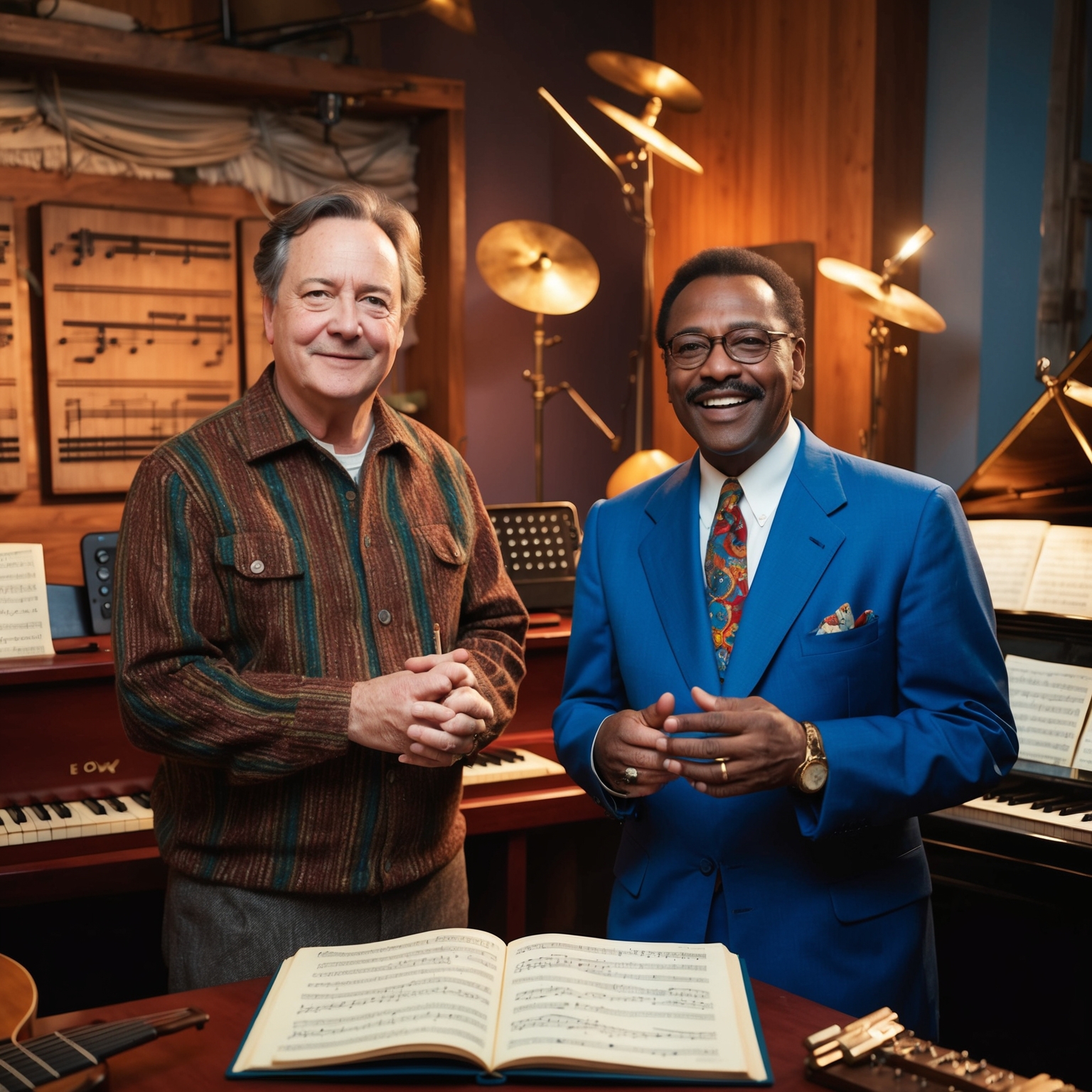 Create an image depicting two composers in a mid-20th-century American music studio, one with folk influences showcasing a rustic background with Appalachian elements, and the other with vibrant rhythm and blues vibes, surrounded by musical notes and instruments.