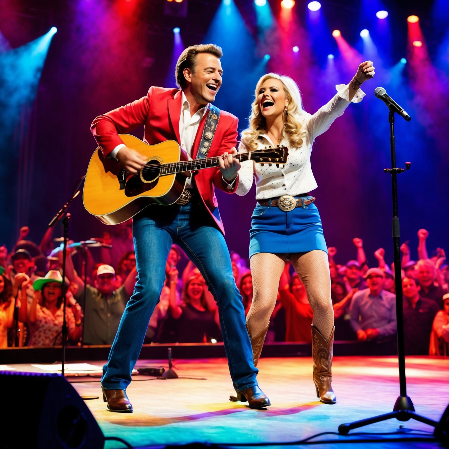 A lively concert scene featuring a male and female country music duo performing energetically on stage. The setting is reminiscent of the 1960s era with colorful stage lights and a cheering audience. The performers exhibit dynamic chemistry and humor, visibly engaging the crowd. Instruments like guitars and a microphone stand are evident, capturing the essence of an exciting live show.