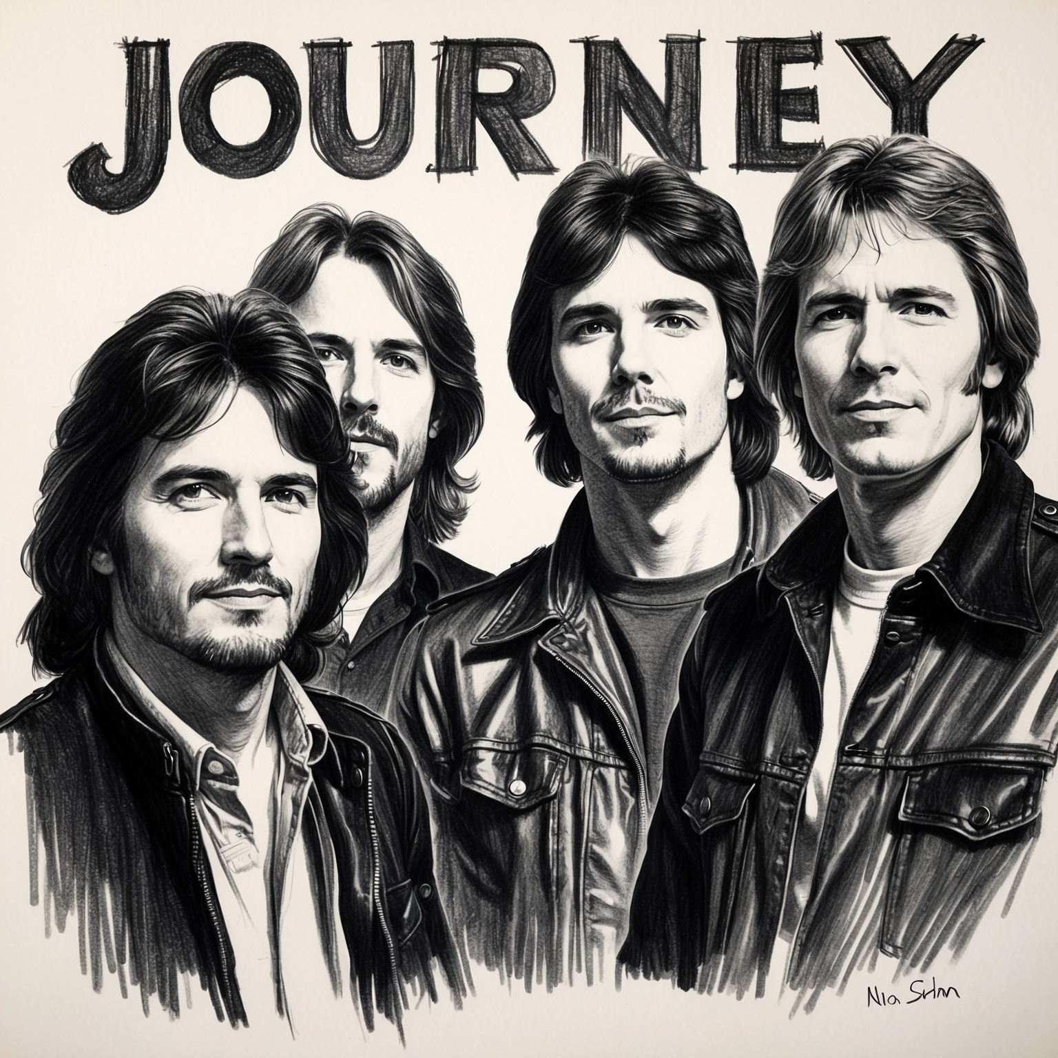 Create a black and white charcoal portrait of the rock band Journey, with a stylistic, half-finished feel. The drawing should capture the band members, focusing on Steve Perry and Neal Schon. The artwork should emphasize the band