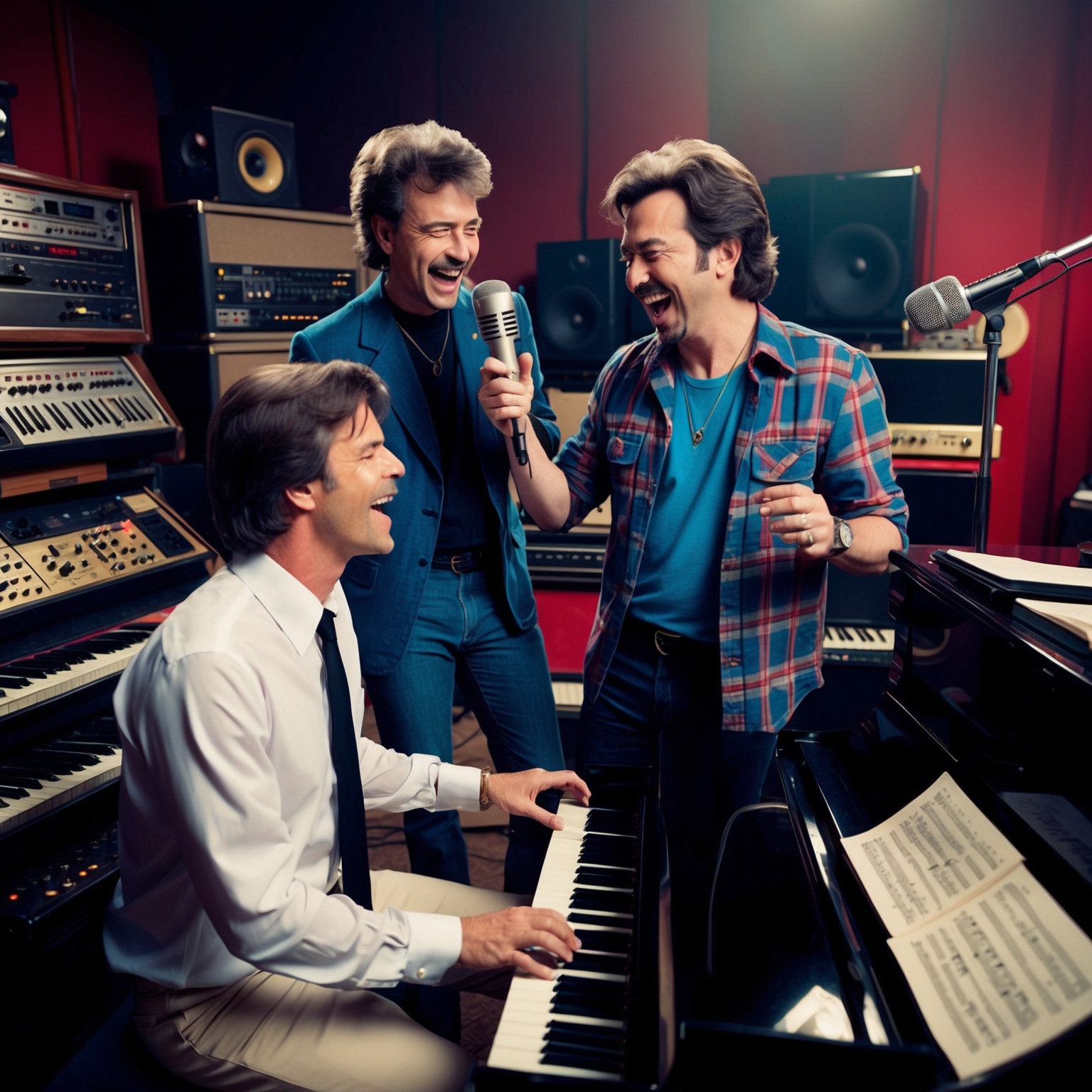 A digital artwork depicting two music composers collaborating in a studio setting. One is at a piano, the other is standing with a microphone. The studio is filled with vintage 1980s equipment, evoking a classic rock atmosphere. Both composers are passionately engaged in creating a song together, with sheets of music around them.