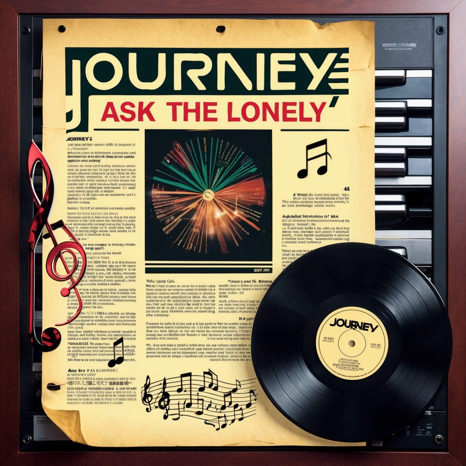 Create an image depicting a vintage 1980s music chart, featuring Journey