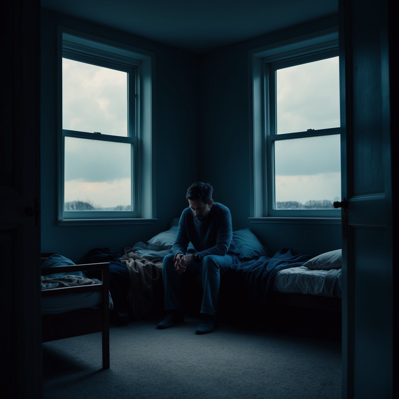 Create a detailed image that reflects the emotional depth of a person surrounded by people yet feeling completely alone. Capture the essence of isolation and melancholy through dim, dramatic lighting in a small, sparsely-furnished room. The atmosphere should feel contemplative, with the sense of searching for connection but finding only solitude. Include subtle elements such as a window showing an overcast sky, to further symbolize the internal and external search for hope and understanding.