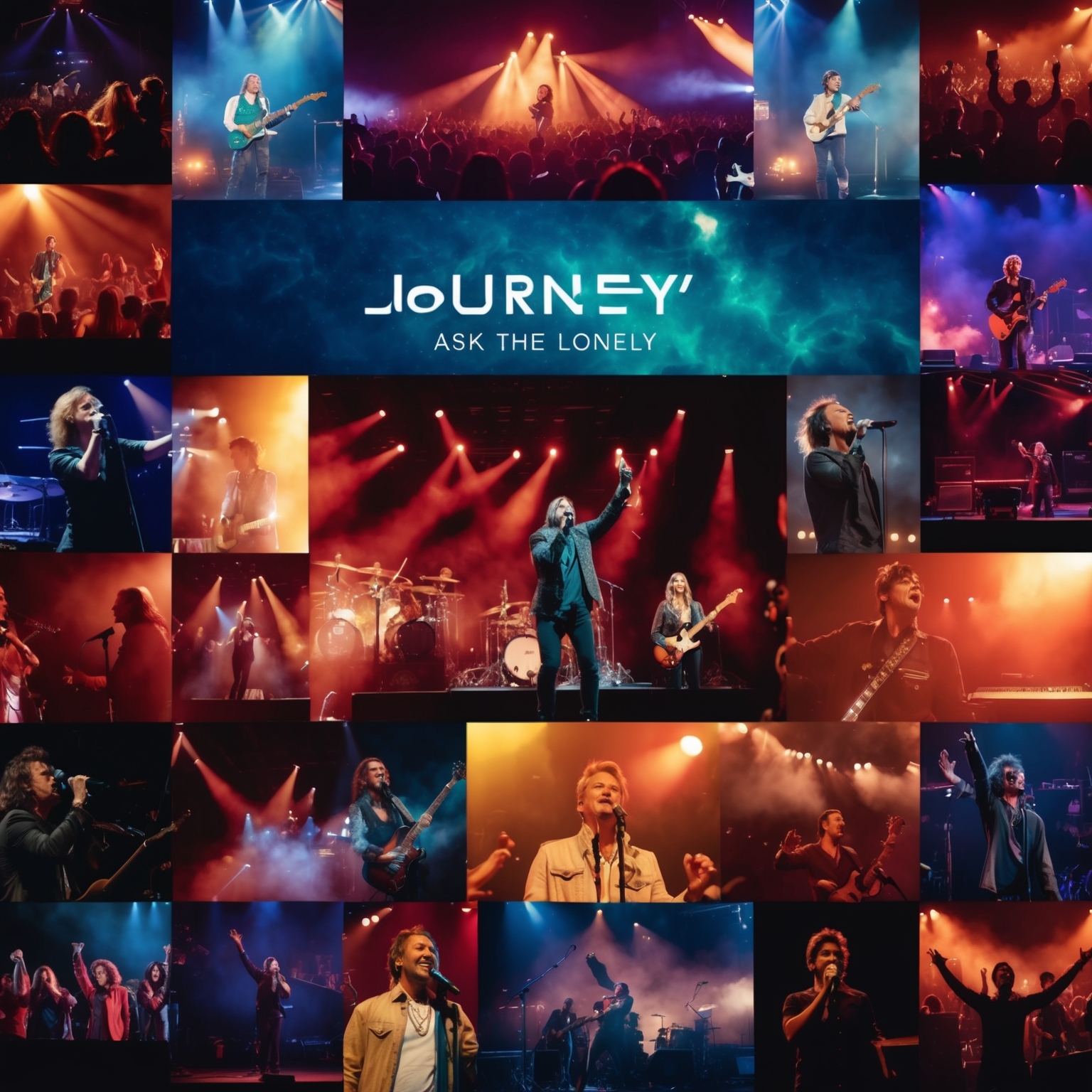 A vibrant collage of fan-made videos and live performance visuals for Journey