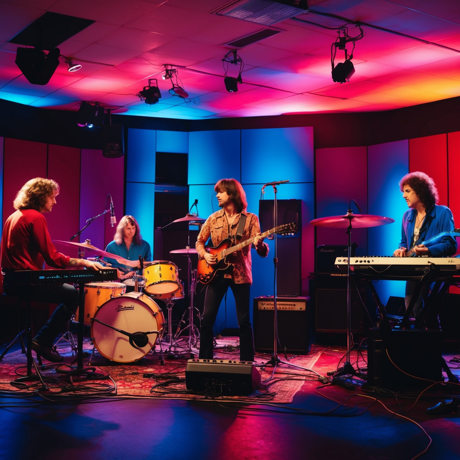 Create an image capturing the vibrant studio session of a 1980s rock band, featuring musicians immersed in recording with guitars, keyboards, and drums, under dynamic colored studio lighting, embodying an atmosphere of creativity and musicality.