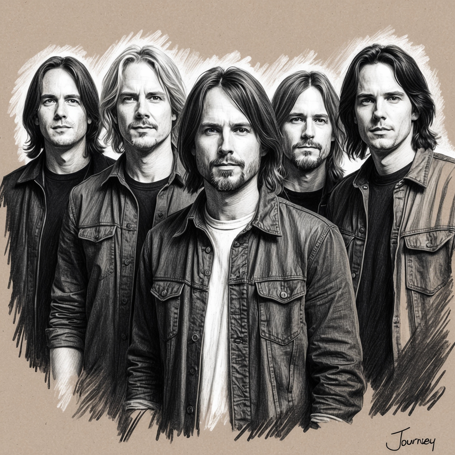 Create a charcoal drawing of Journey, depicting the band in a black and white portrait with a half-finished, stylistic feel.