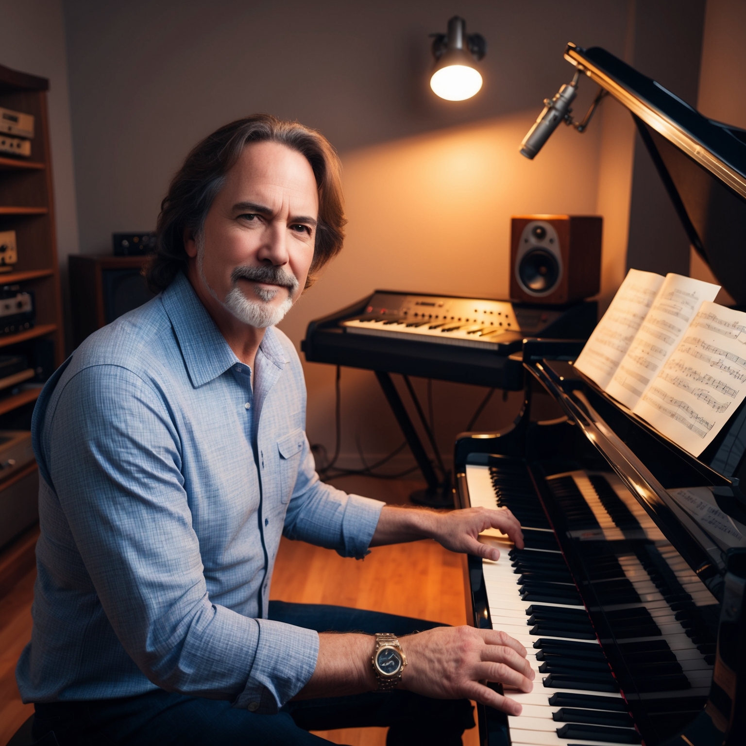 A portrait of Jonathan Cain, a composer and musician, in a recording studio setting with a grand piano. Include elements reflecting the 1980s rock era, such as vintage recording equipment and sheet music.