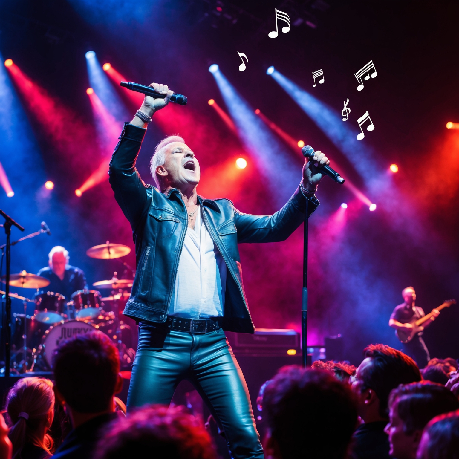 A dynamic and colorful depiction of Journey performing live, focusing on the lead singer passionately belting out a song. The stage is set with powerful lighting and the audience is captivated. Incorporate elements that suggest timelessness, such as musical notes floating into the air, conveying the idea of the song