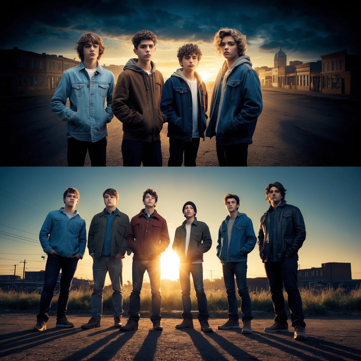 A group of young individuals standing at the edge of a town as dawn breaks, with a sense of hope and determination in their expressions. The scene is set in the shadows of an older cityscape, symbolizing a golden age past and a bright future ahead. The atmosphere should convey a feeling of resilience and ambition, capturing the essence of youthful idealism and the spirit of the lyrics.