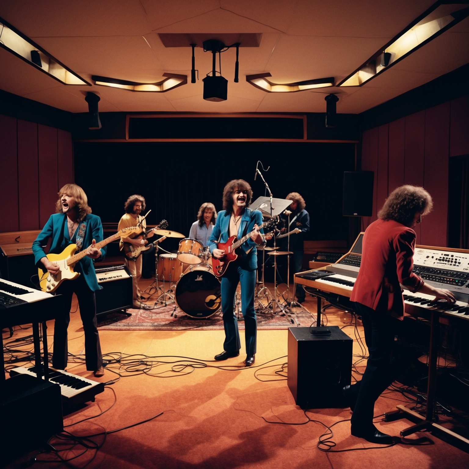 A high-energy scene depicting a band in a recording studio during the 1980s, with musicians playing guitars, keyboards, and drums, illustrating the recording process of an iconic rock song. Captures the essence of collaboration and musical creativity.