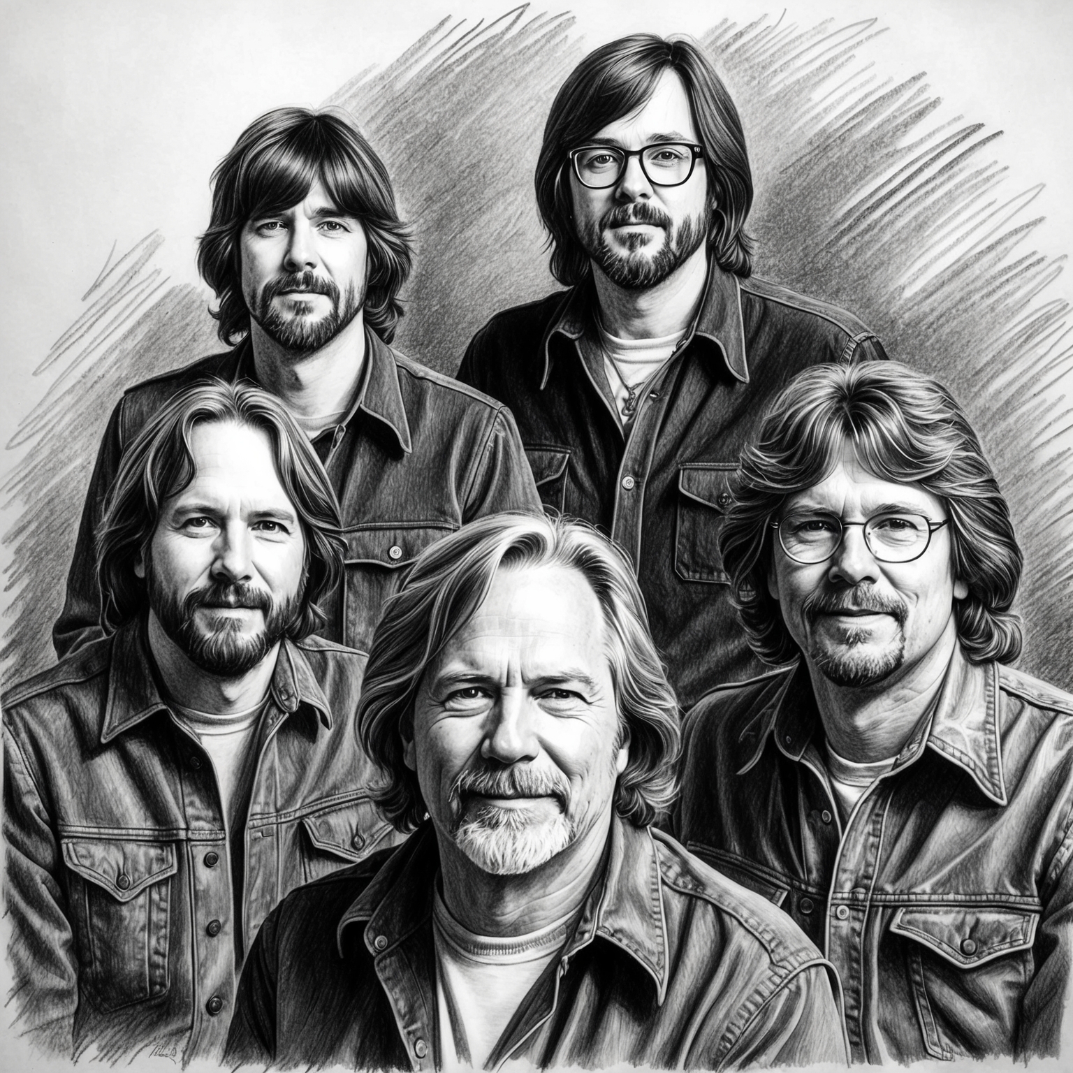 Create a black and white charcoal portrait of the band Kansas, highlighting Steve Walsh, Robby Steinhardt, Rich Williams, and Kerry Livgren. Focus on a half-finished, stylistic drawing that encapsulates the band