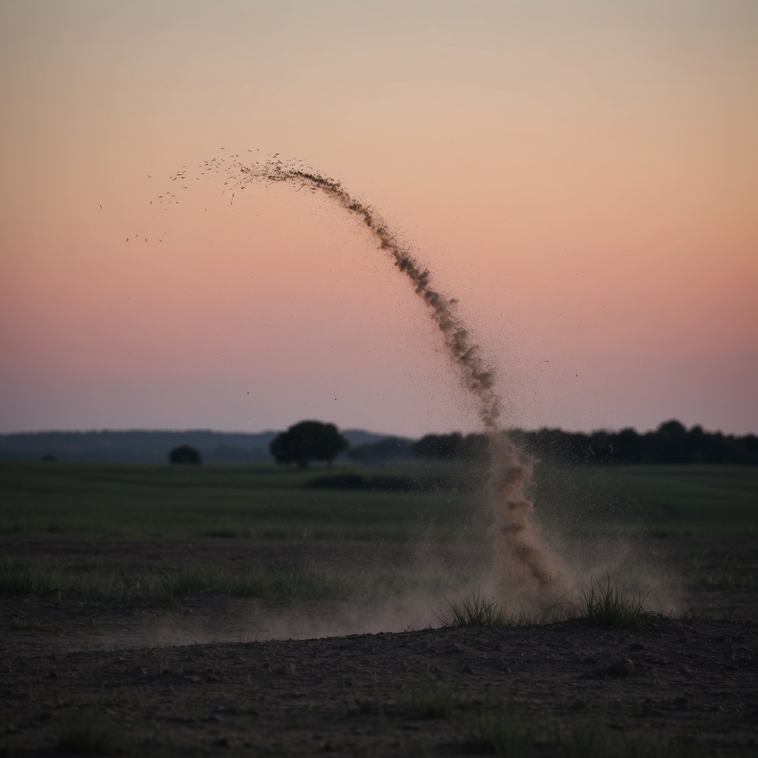 A serene landscape at dusk with a gentle breeze carrying dust particles, symbolic of the ephemeral moments in life, echoing the contemplative essence of Kansas