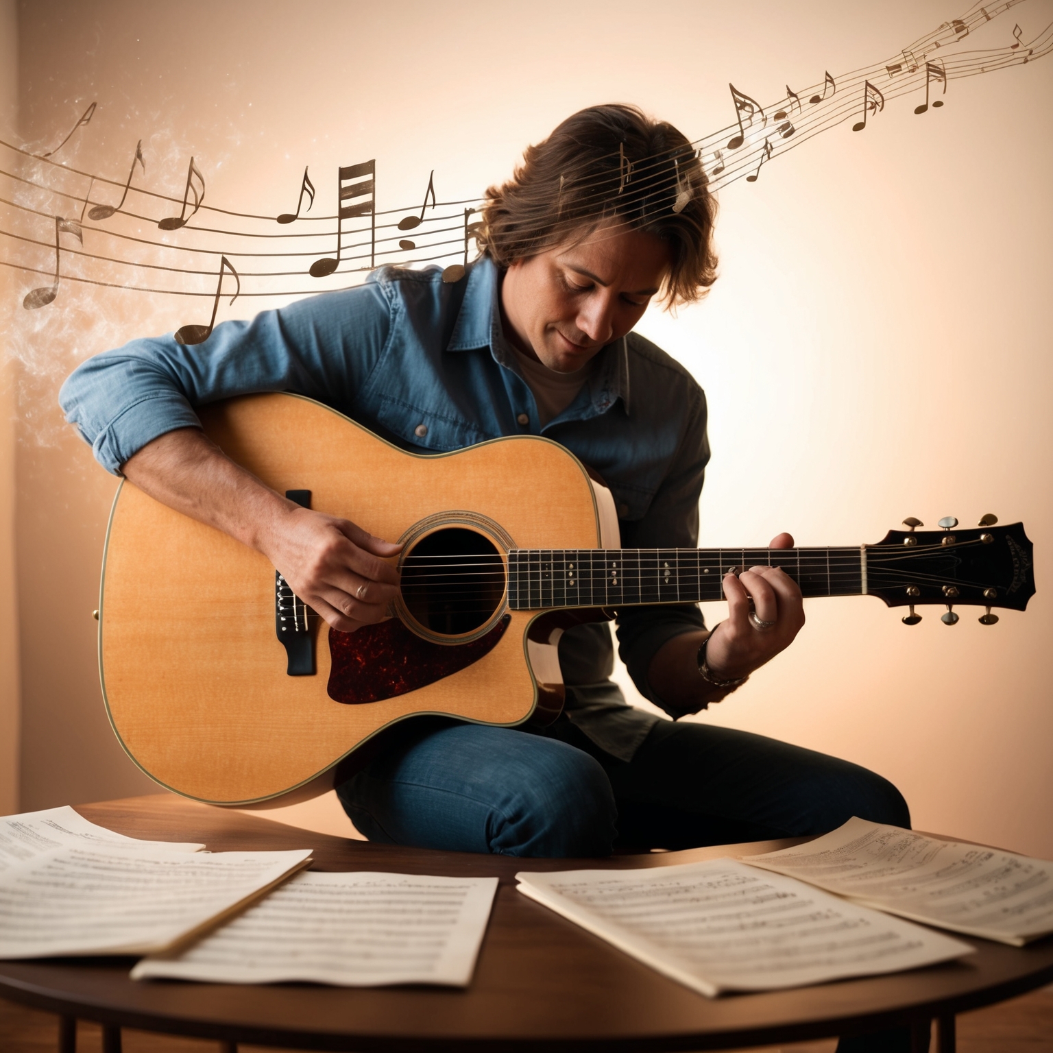 A 12-string acoustic guitar being fingerpicked, surrounded by sheets of music in a studio setting. The background is softly lit, creating a warm and serene atmosphere. An overlay of ethereal notes floating in the air, symbolizing the delicate sound of 