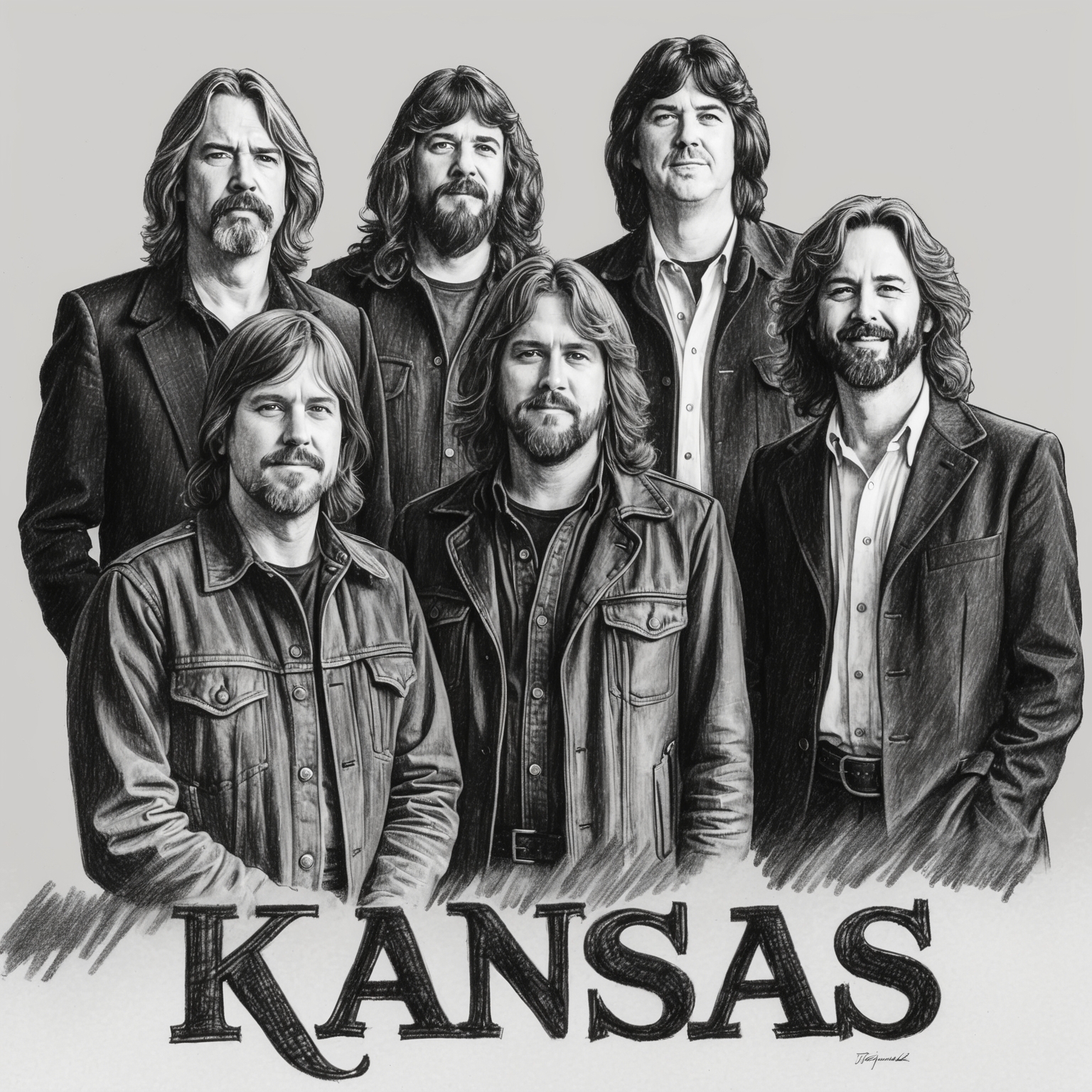 Create a half-finished black and white charcoal portrait of the band Kansas. Focus on a stylistic drawing that captures the essence and creativity of the band during the 1970s. Highlight distinctive features of band members such as Steve Walsh, Kerry Livgren, Phil Ehart, Dave Hope, Robbie Steinhardt, and Rich Williams against a simple background.