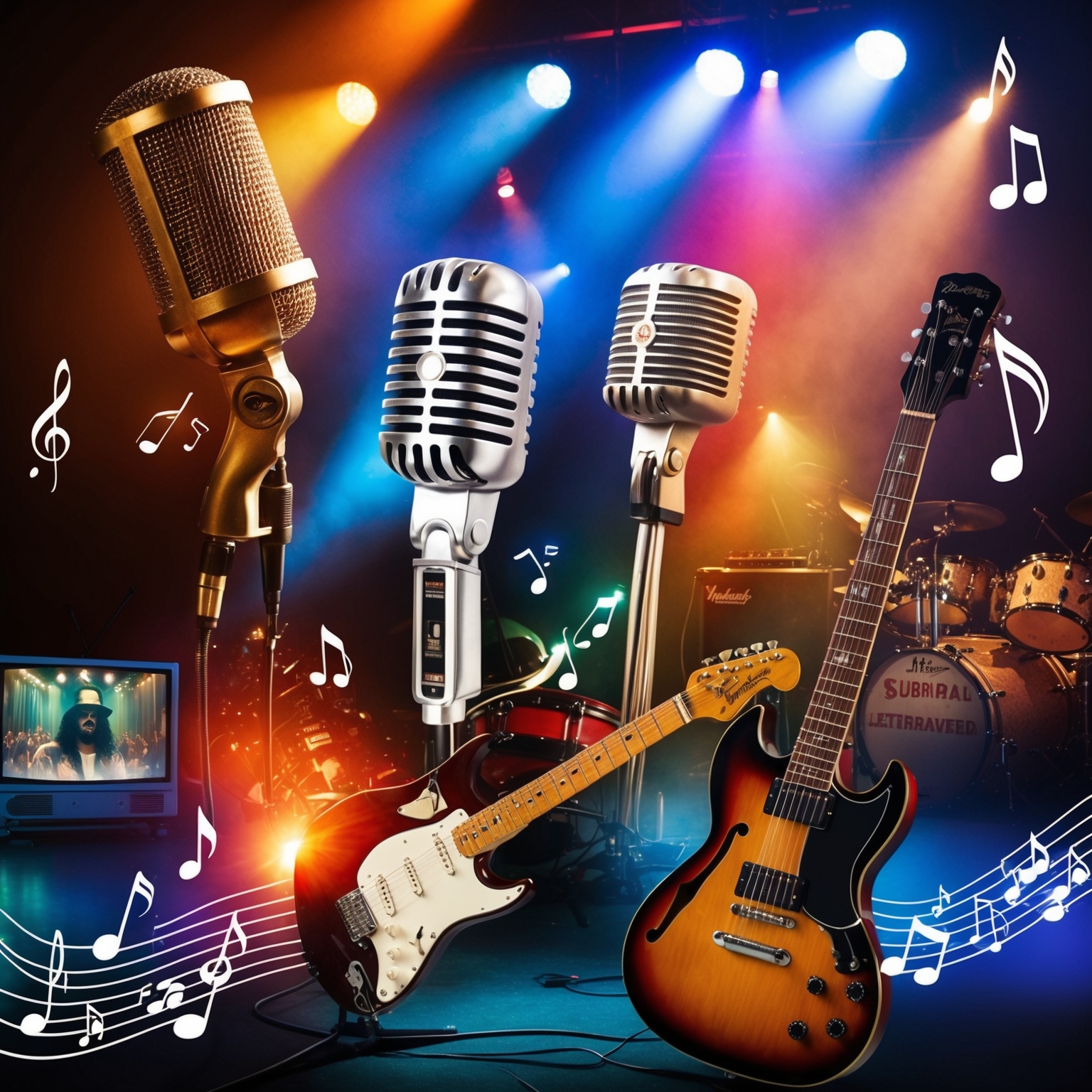 A dynamic and inspiring scene featuring iconic elements from classic rock culture. The imagery should include concert lights highlighting a retro microphone, a vintage electric guitar, musical notes reminiscent of rock anthems, and subtle nods to popular culture references like a TV set displaying snippets of a supernatural drama. Add elements representing different music genres and generations to capture the enduring appeal and versatility of the song.