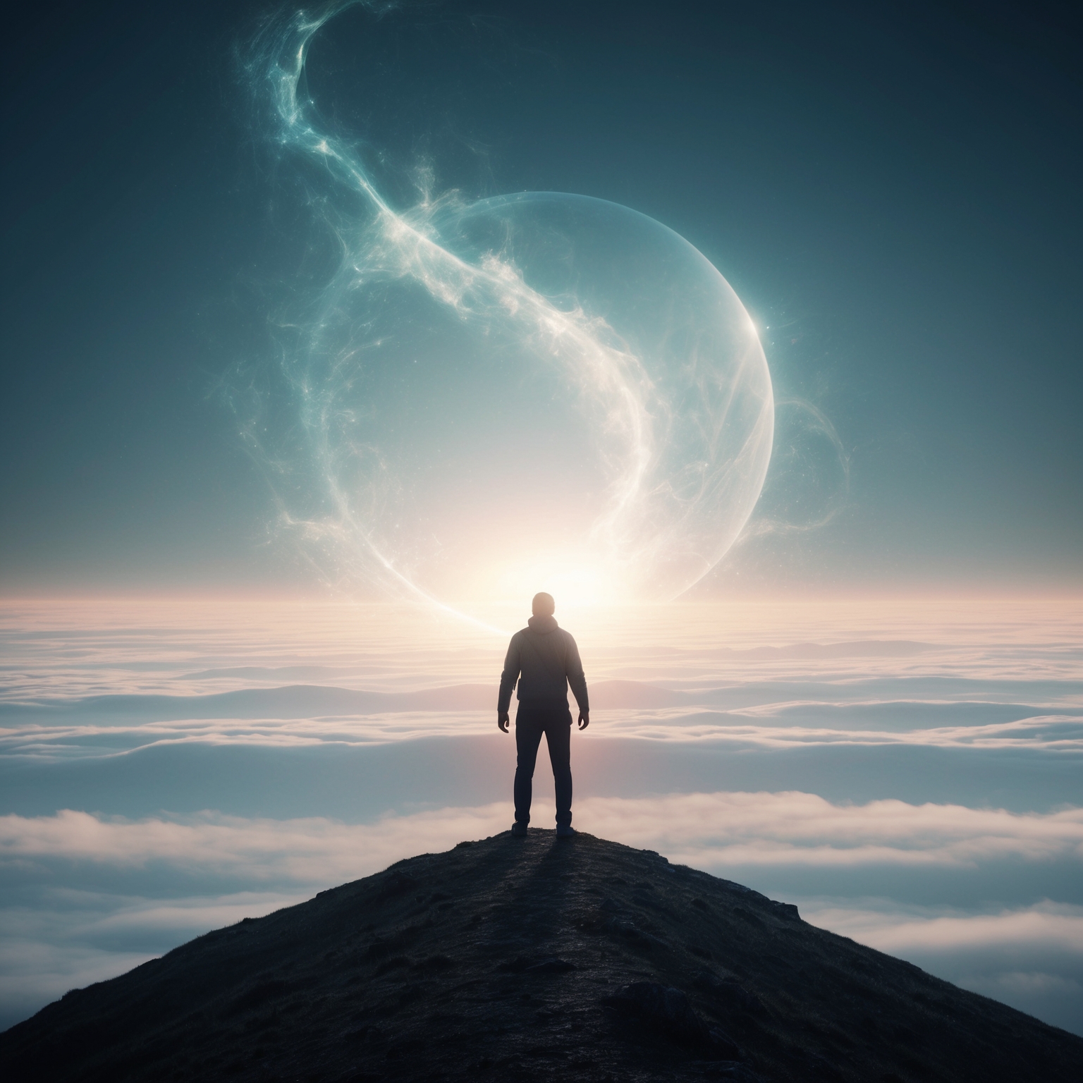 Generate an abstract image depicting a solitary figure standing on a mountaintop, looking over a vast horizon, representing the journey of self-discovery and enlightenment, with ethereal elements symbolizing peace and resolution.