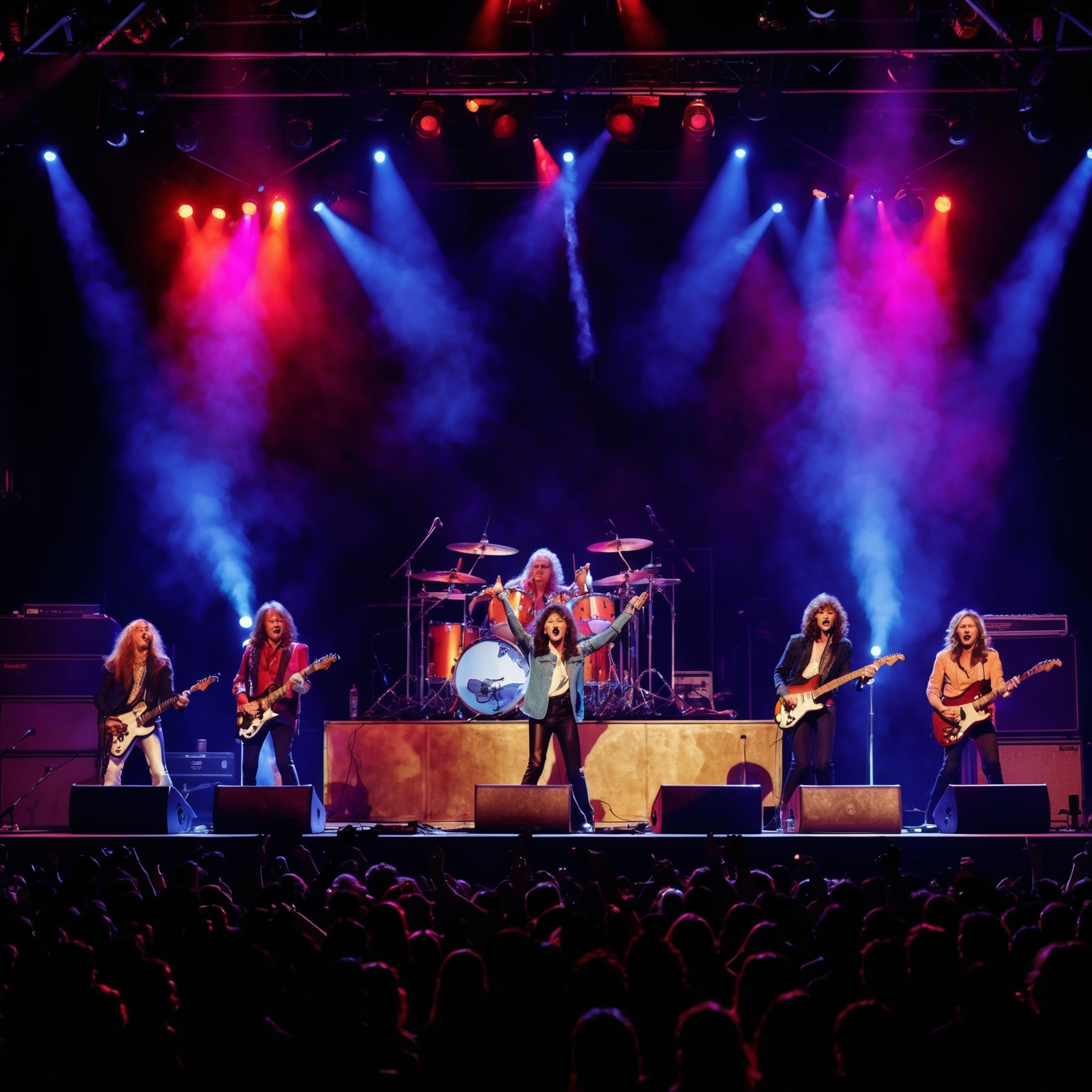 Create an image depicting a dynamic live stage performance by a rock band from the 1970s, capturing the energy and excitement of the concert, with vibrant stage lights and an enthusiastic audience.