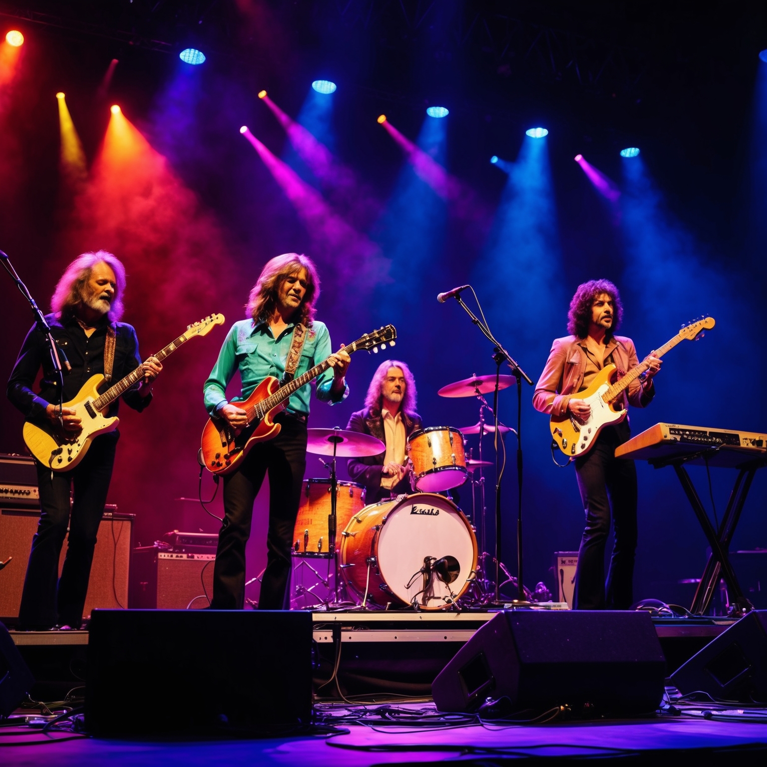 A dynamic and vibrant illustration of a progressive rock band performing on stage during the 1970s. The scene features members playing electric guitars, keyboards, and drums, with a colorful light show creating an energetic atmosphere. The musicians are engrossed in their performance, capturing the essence of intricate chord progressions and intricate melodies that Kansas is known for.