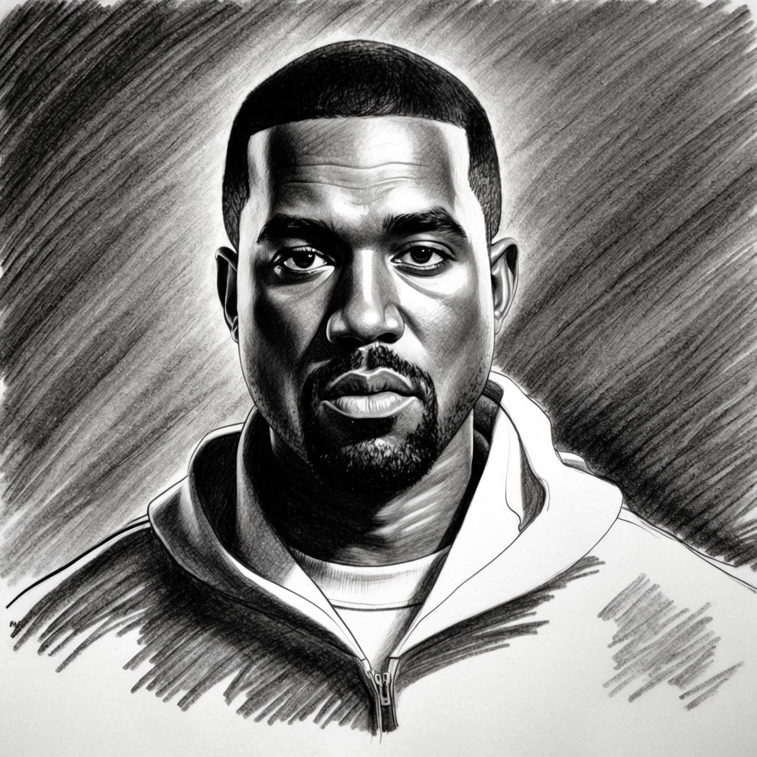 A charcoal, stylistic drawing of Kanye West. A black and white charcoal portrait, with a half-finished feel, capturing his enigmatic persona during the 