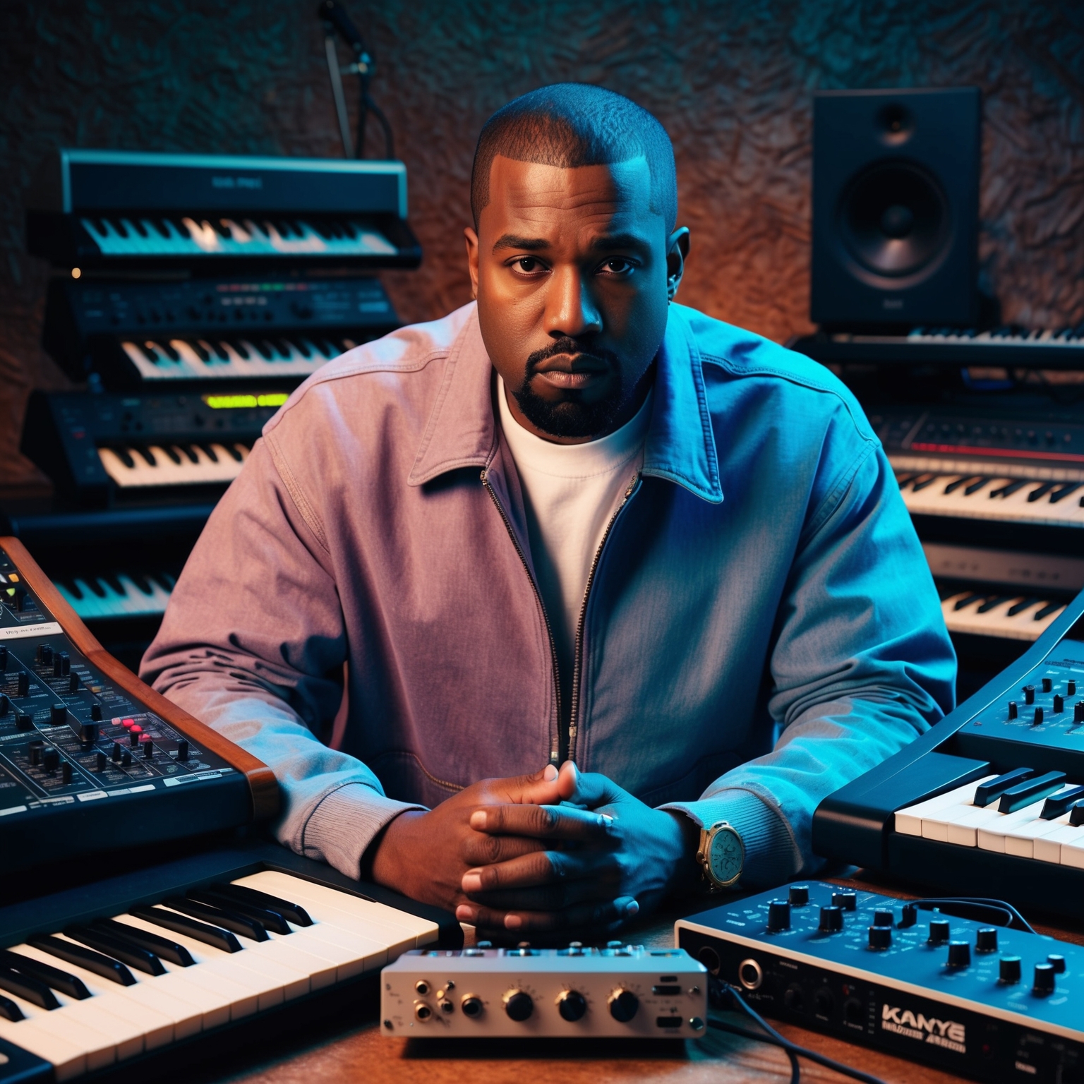 A portrait of Kanye West in a recording studio surrounded by musical equipment, such as keyboards and synthesizers, with vibrant colors suggesting creativity and innovation, textured background evoking a sense of artistic inspiration.