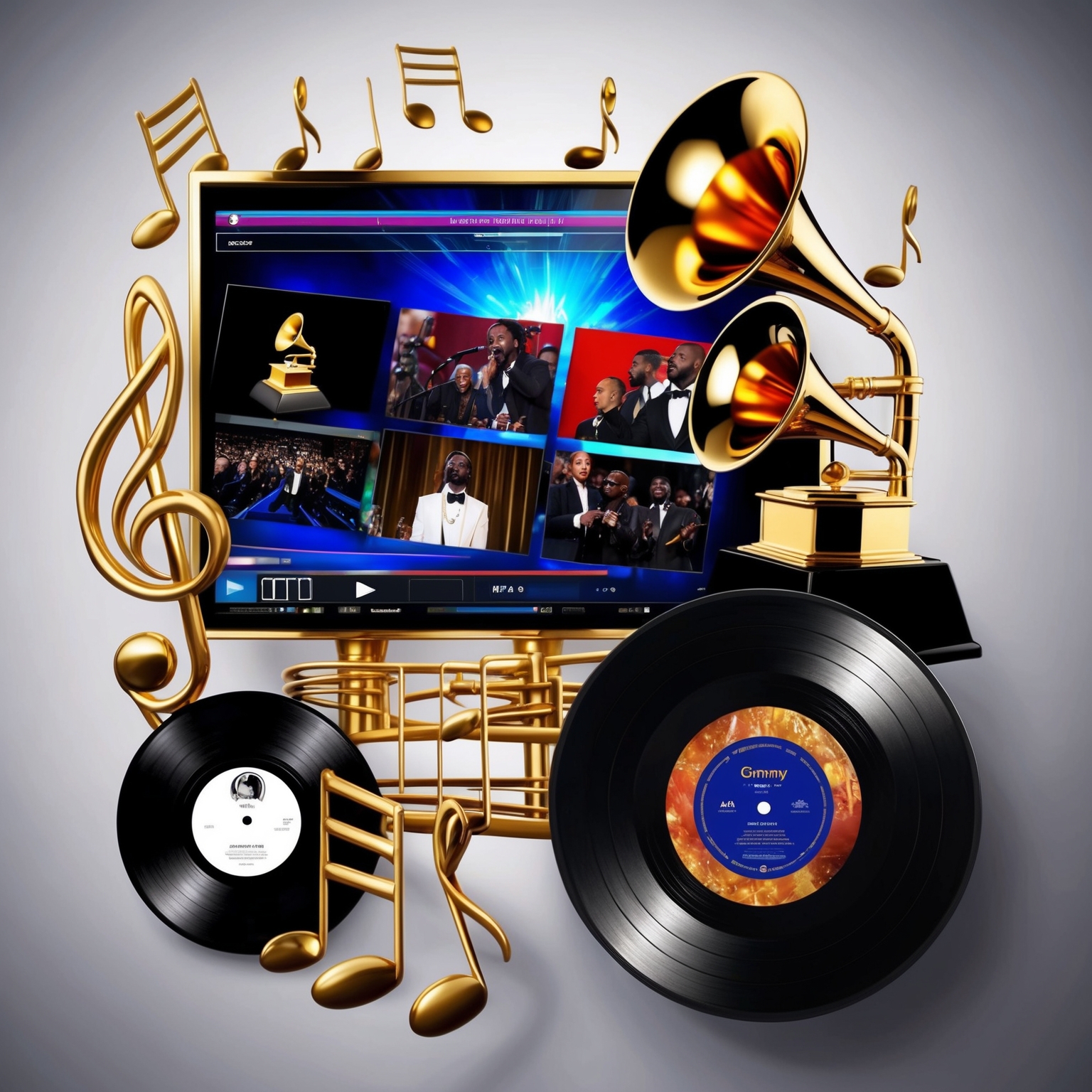 A creative rendition capturing the cultural impact of a hip-hop song entwined with Grammy accolade, featuring elements like a vinyl record, musical notes, and a movie screen displaying scenes—expressing a blend of aesthetics from award ceremonies and pop culture integration.