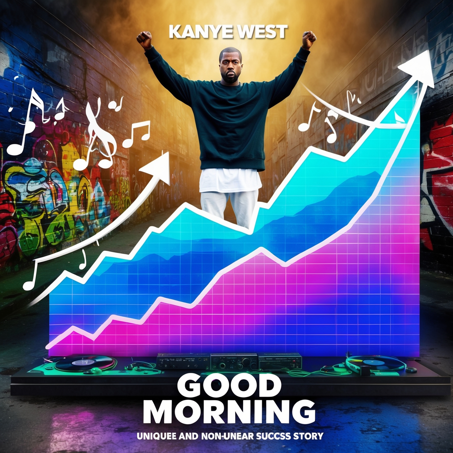 A dynamic digital painting capturing Kanye West standing triumphant atop a vivid, animated chart graph representing 