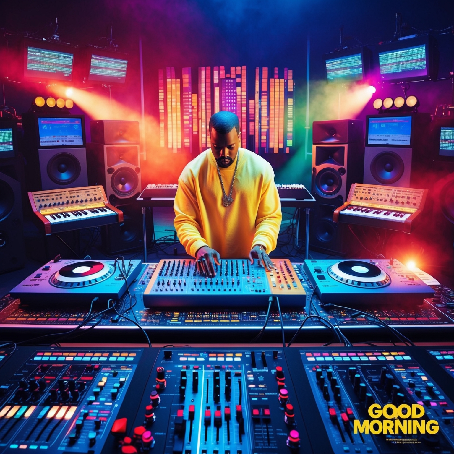 A digital artwork depicting a vibrant studio setting with Kanye West at a mixing console, surrounded by synthesizers and drum machines. Include elements that showcase a blend of traditional soul music and electronic sounds, reflecting the musical structure of 