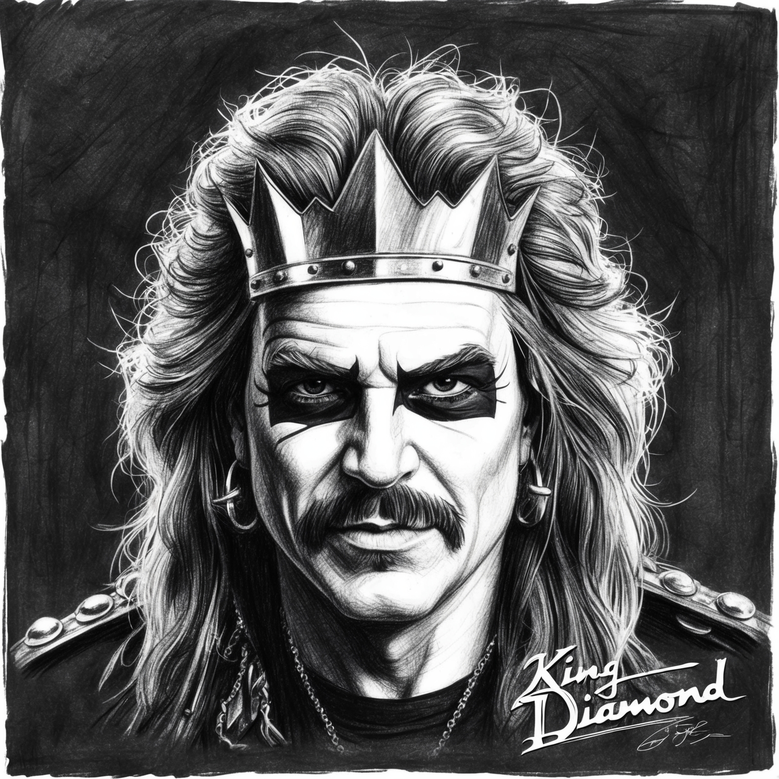 Charcoal black and white portrait of King Diamond, a stylistic and half-finished drawing, capturing the essence of the artist in his heavy metal persona.