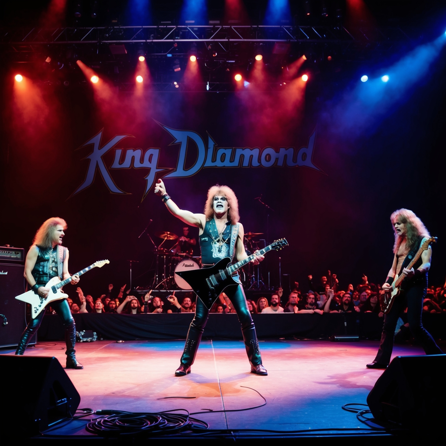 A 1980s heavy metal concert scene featuring King Diamond on stage, a captivated audience, electric guitars, dramatic lighting, and a gothic atmosphere.