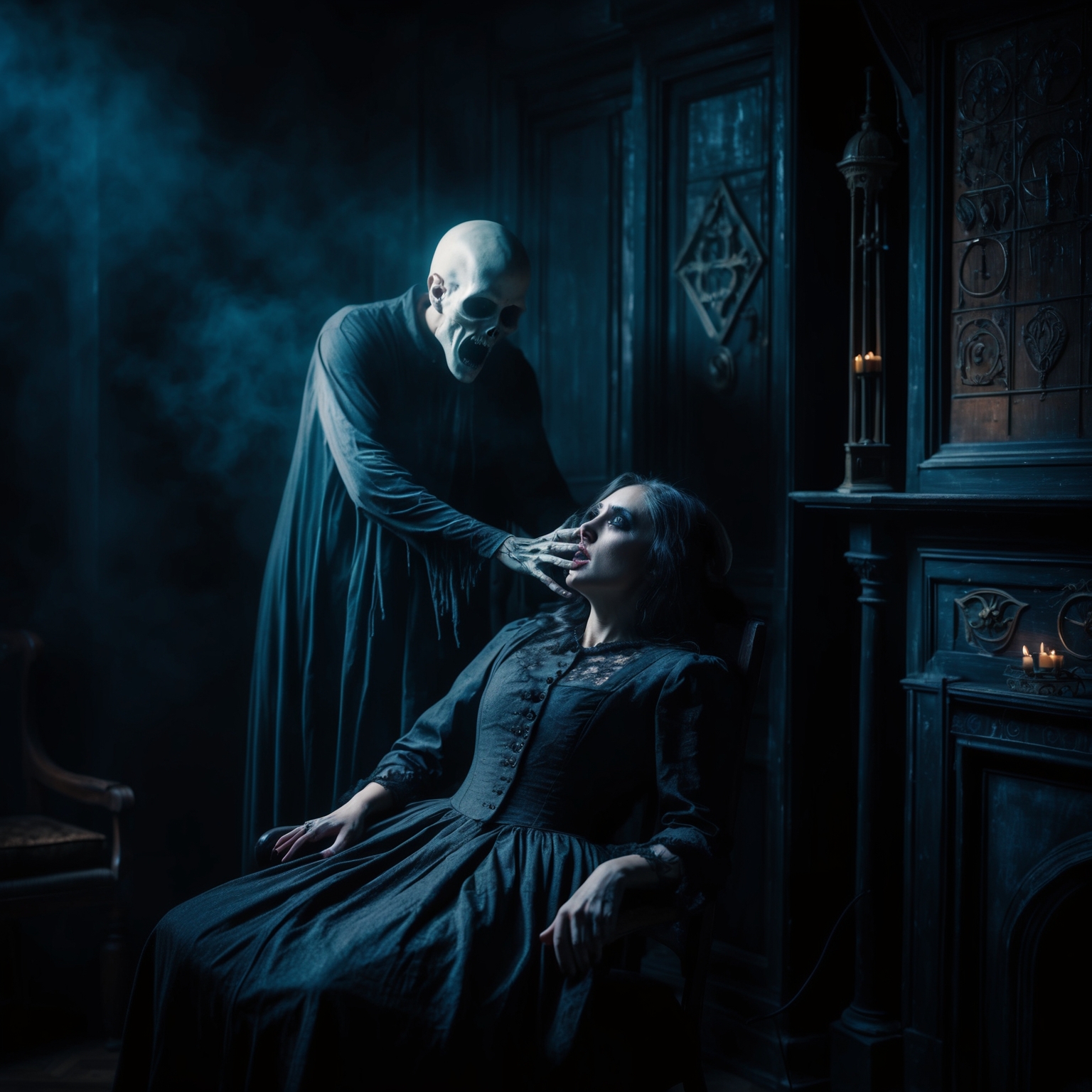 A haunting and gothic scene depicting a spectral entity possessing a living person in an old, dimly-lit, Victorian-style mansion. The atmosphere is eerie and atmospheric, evoking elements of classic horror with shadowy corners and mystical symbols.