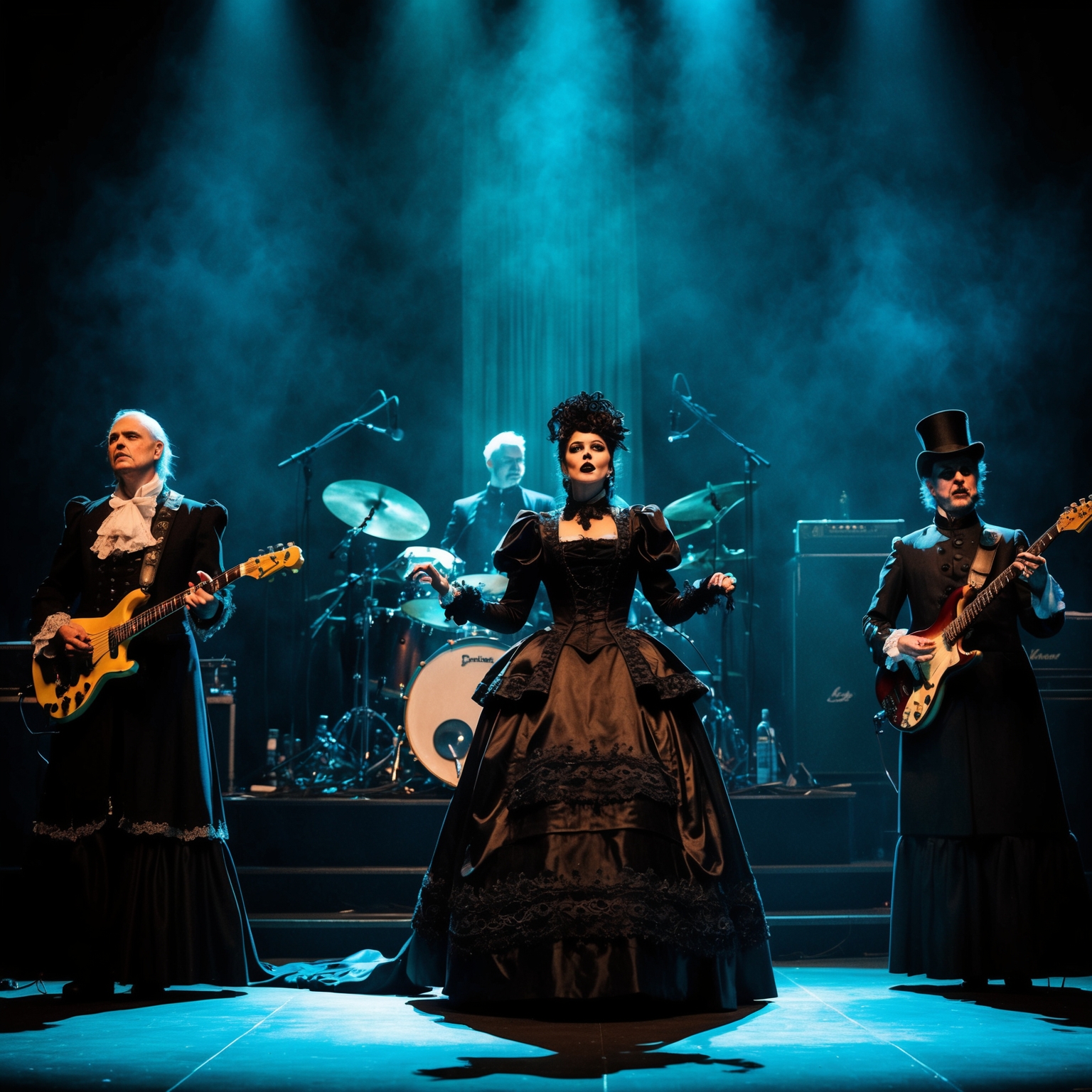 A gothic, theatrical stage performance capturing a band playing in elaborate Victorian costumes, with haunting lighting and spectral imagery, emphasizing a dark, eerie atmosphere typical of horror stories.