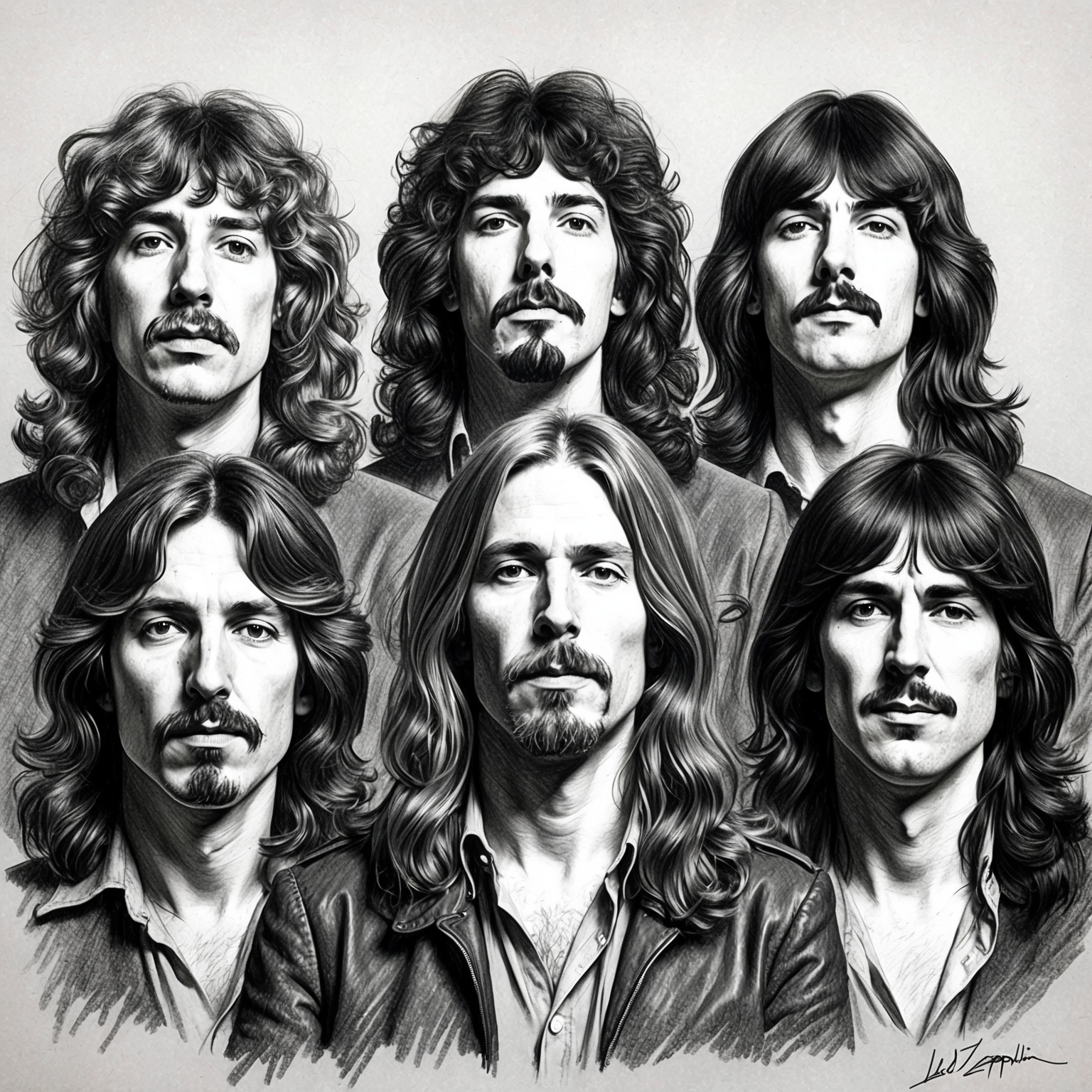 Create a black and white charcoal portrait of Led Zeppelin, showcasing the band members with a half-finished, stylistic feel. Focus on capturing the essence of the band