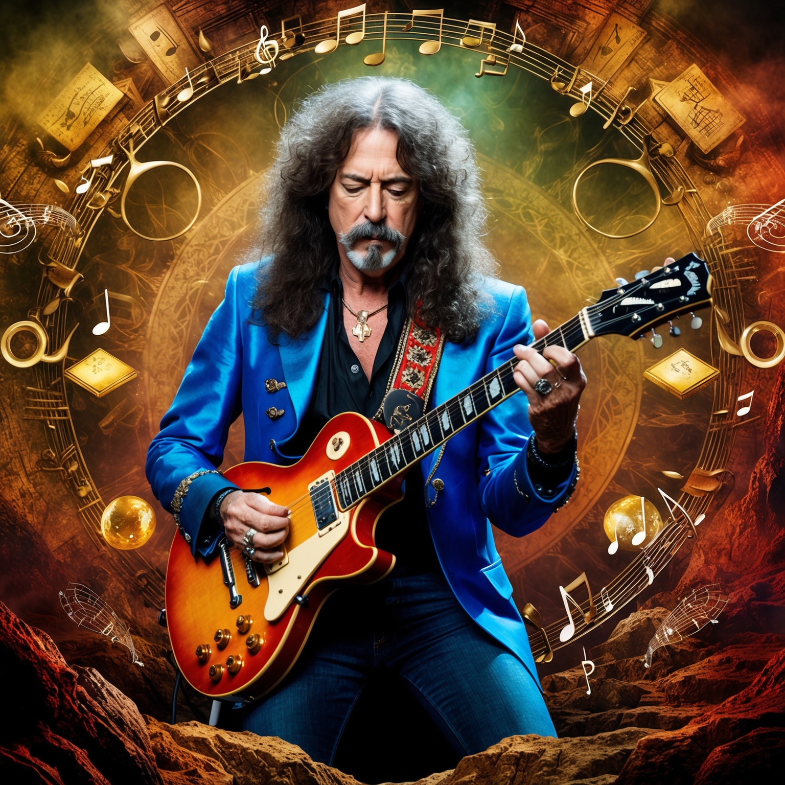 A portrait of Jimmy Page engrossed in playing his guitar, surrounded by elements of musical notes and symbols. The scene is set in a richly layered, mystical environment that reflects the exotic and epic nature of Led Zeppelin