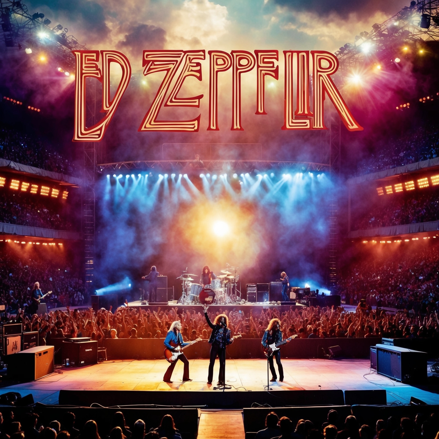 Generate an image capturing the essence of a 1970s rock concert with a mystical and vibrant aura. A large crowd in a stadium, vintage concert lighting, and a band performing with energy and charisma. The scene should evoke the electrifying atmosphere of a Led Zeppelin performance, reflecting the timeless and powerful nature of their iconic song 