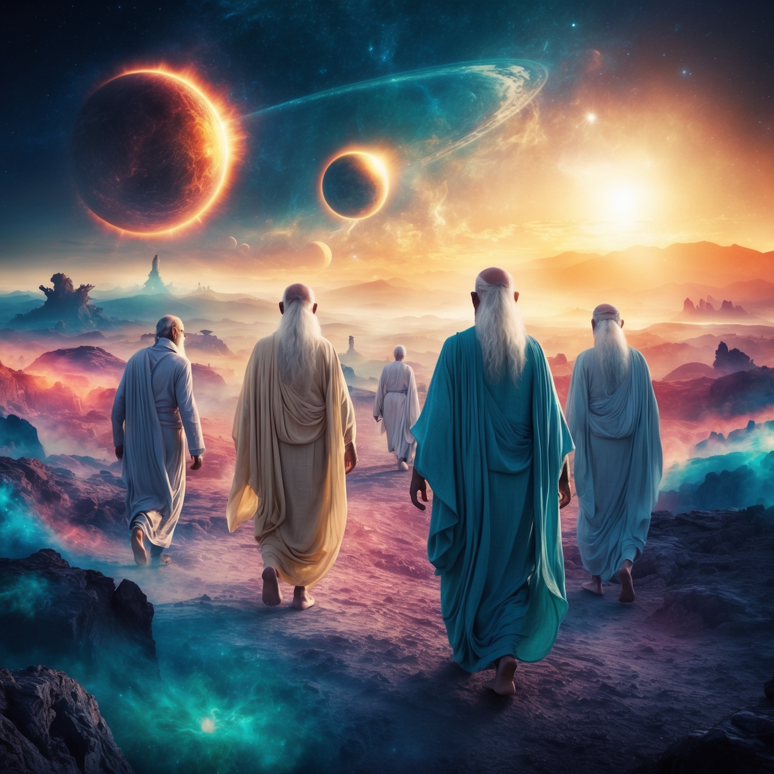 Visualize an abstract representation of a mystical journey, combining elements of time travel and spiritual quest. Include ethereal landscapes with vibrant suns and starry skies. Feature figures of wise elders in flowing robes set against a backdrop of surreal, dreamlike vistas. The scene should evoke a sense of introspection and cosmic wonder.