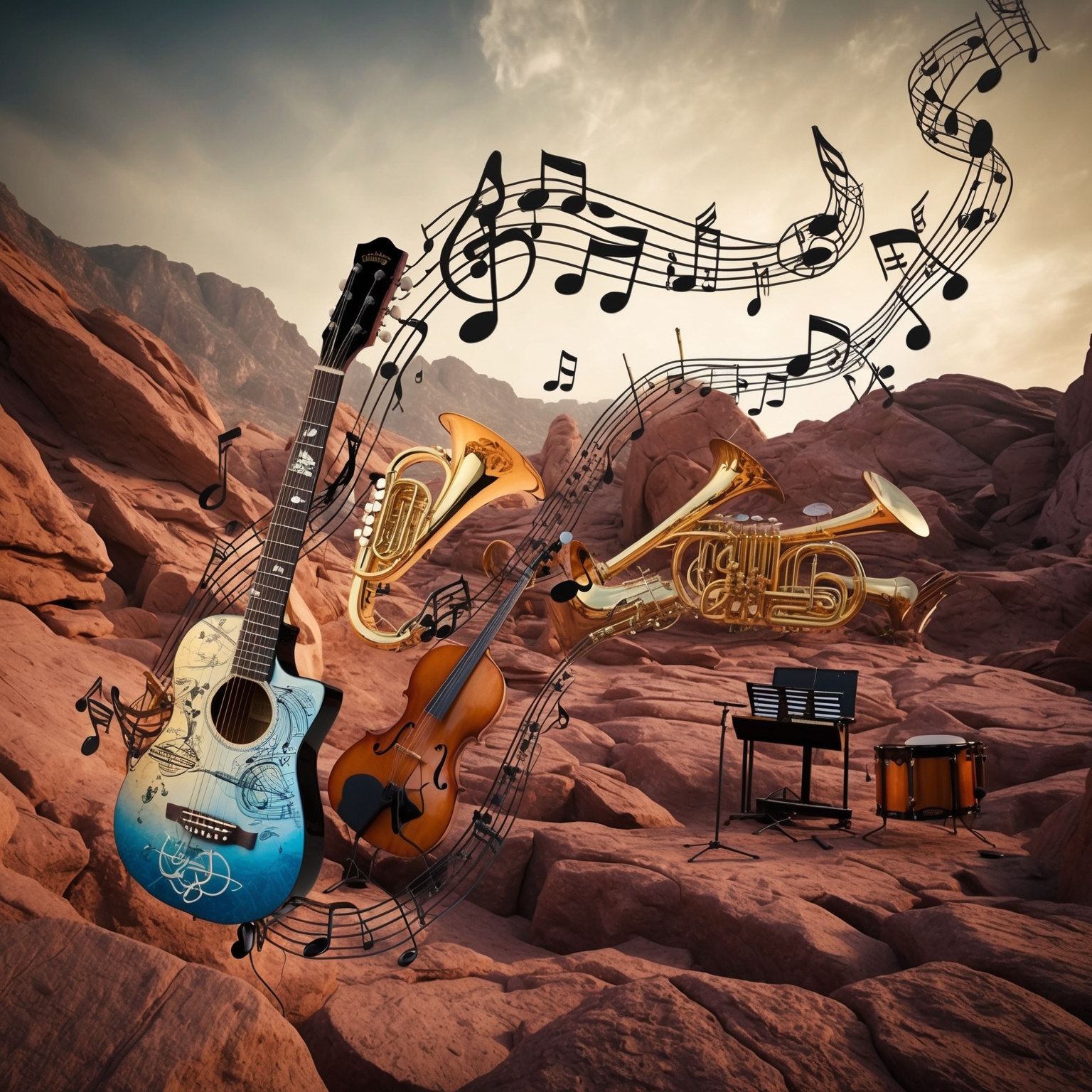 A visual representation of a complex and sophisticated musical composition, depicting musical notes floating around an exotic landscape. Include elements like a guitar with mystical symbols, orchestral instruments like strings and brass, and a backdrop of rocky terrain that evokes a sense of grandeur and mystery, reminiscent of Led Zeppelin