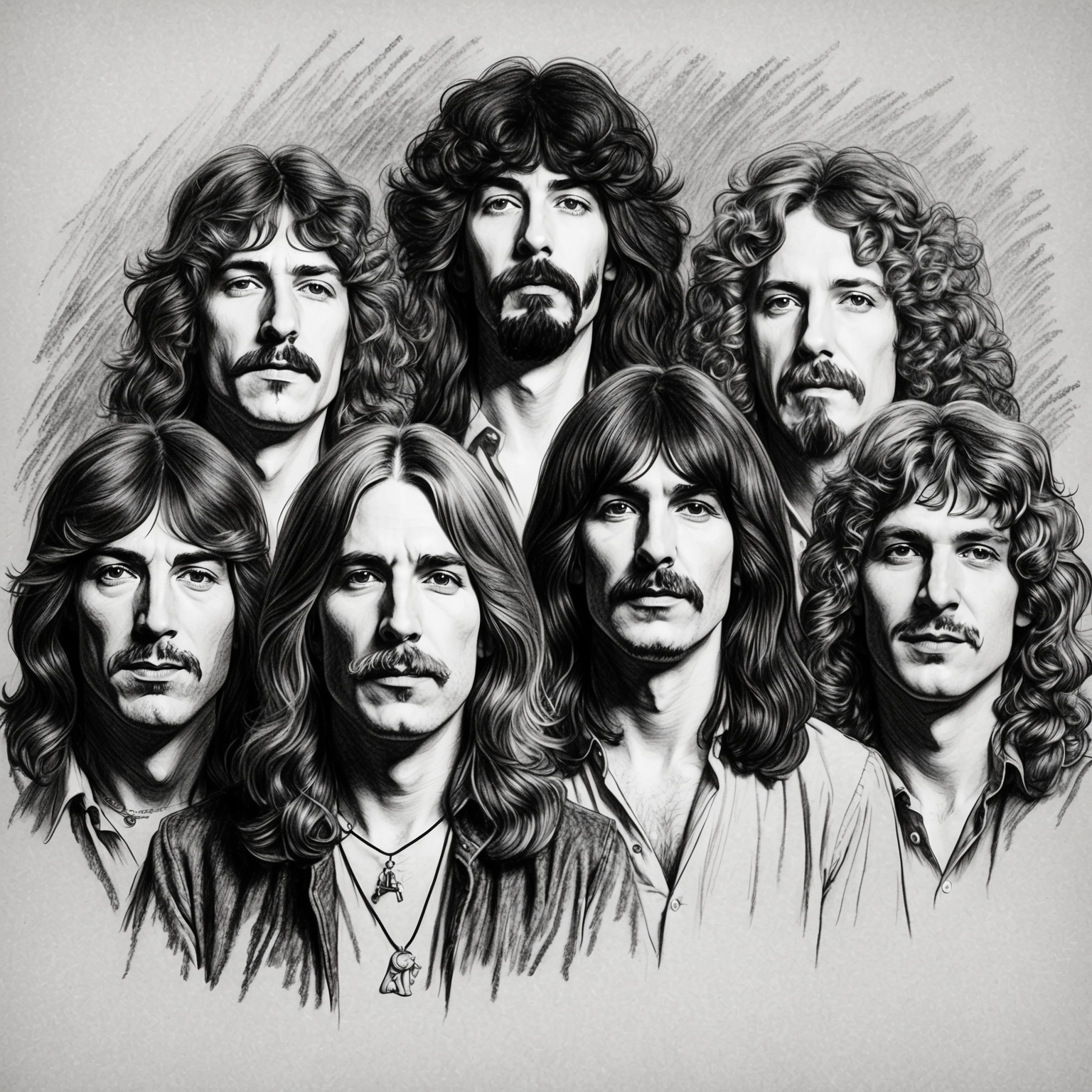 Create a charcoal, stylistic drawing of Led Zeppelin, capturing the band with a half-finished feel. Focus on a black and white portrait that illustrates their iconic presence and dynamic personalities.