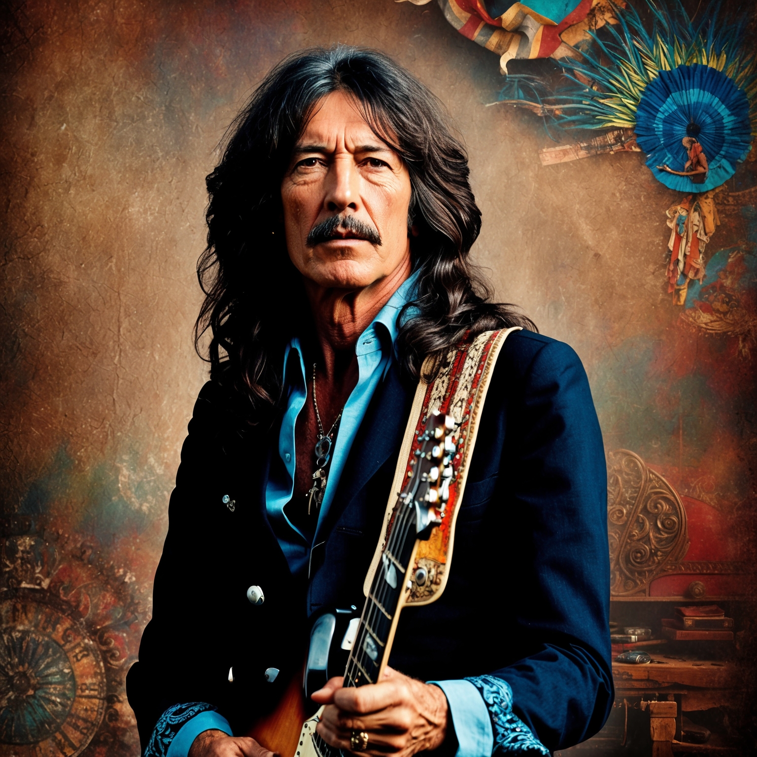 A detailed portrait of Jimmy Page, the legendary guitarist and composer, during the early 1970s. Capture his iconic style and aura with his long hair, adorned with a guitar slung over his shoulder. The background should evoke a vintage rock vibe with elements of blues, folk, and psychedelic themes, portraying the diverse musical influences that shaped his compositions. The image should reflect his innovative spirit and hint at his role in creating timeless melodies like 