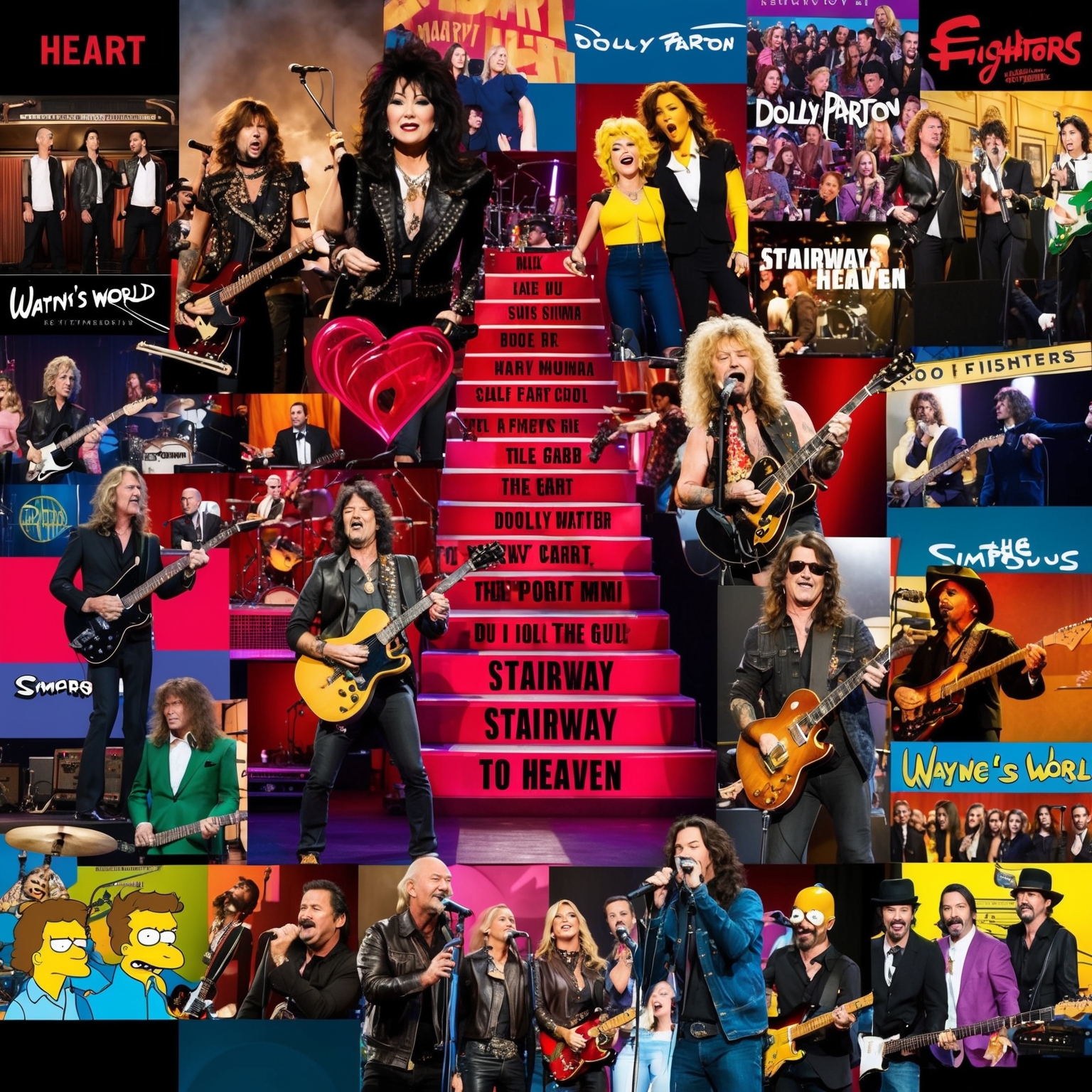 A vibrant collage depicting various artists such as Heart, Dolly Parton, and Foo Fighters performing 