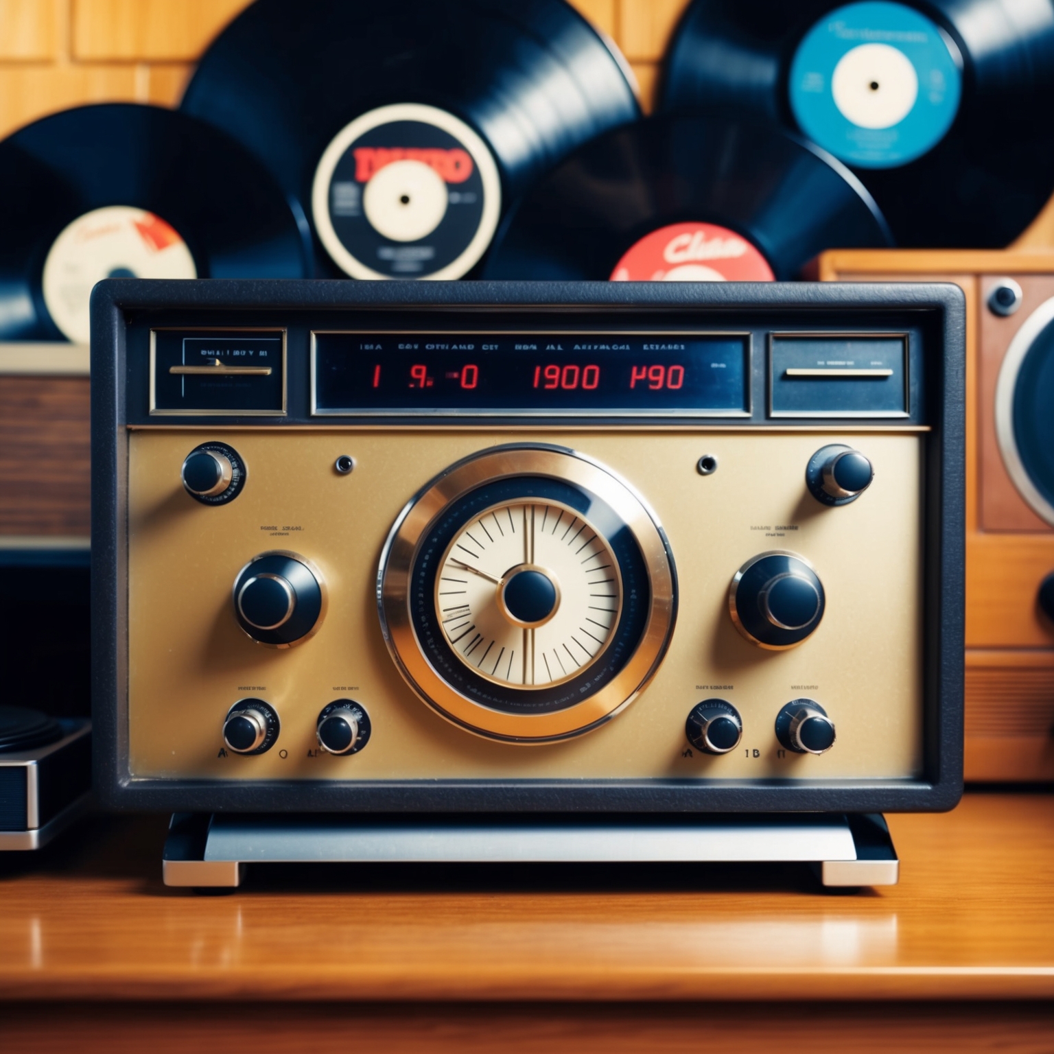 A vintage 1970s radio station playing records. The image should encapsulate the feeling of listening to classic rock music, with vinyl records in the background, emphasizing the cultural impact and the timeless appeal of music.