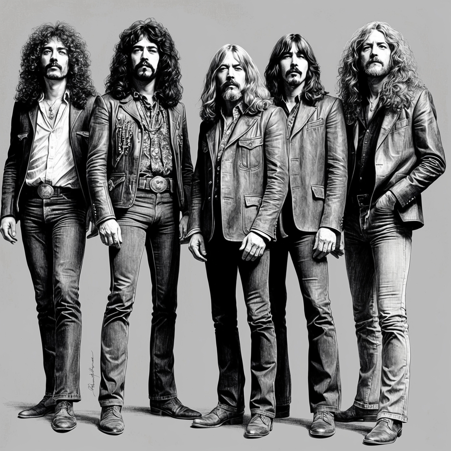 A charcoal, stylistic drawing of Led Zeppelin band, black and white character, with a half-finished, artistic feel. Members include Jimmy Page, Robert Plant, John Paul Jones, and John Bonham. The image should convey a sense of their iconic and revolutionary presence.