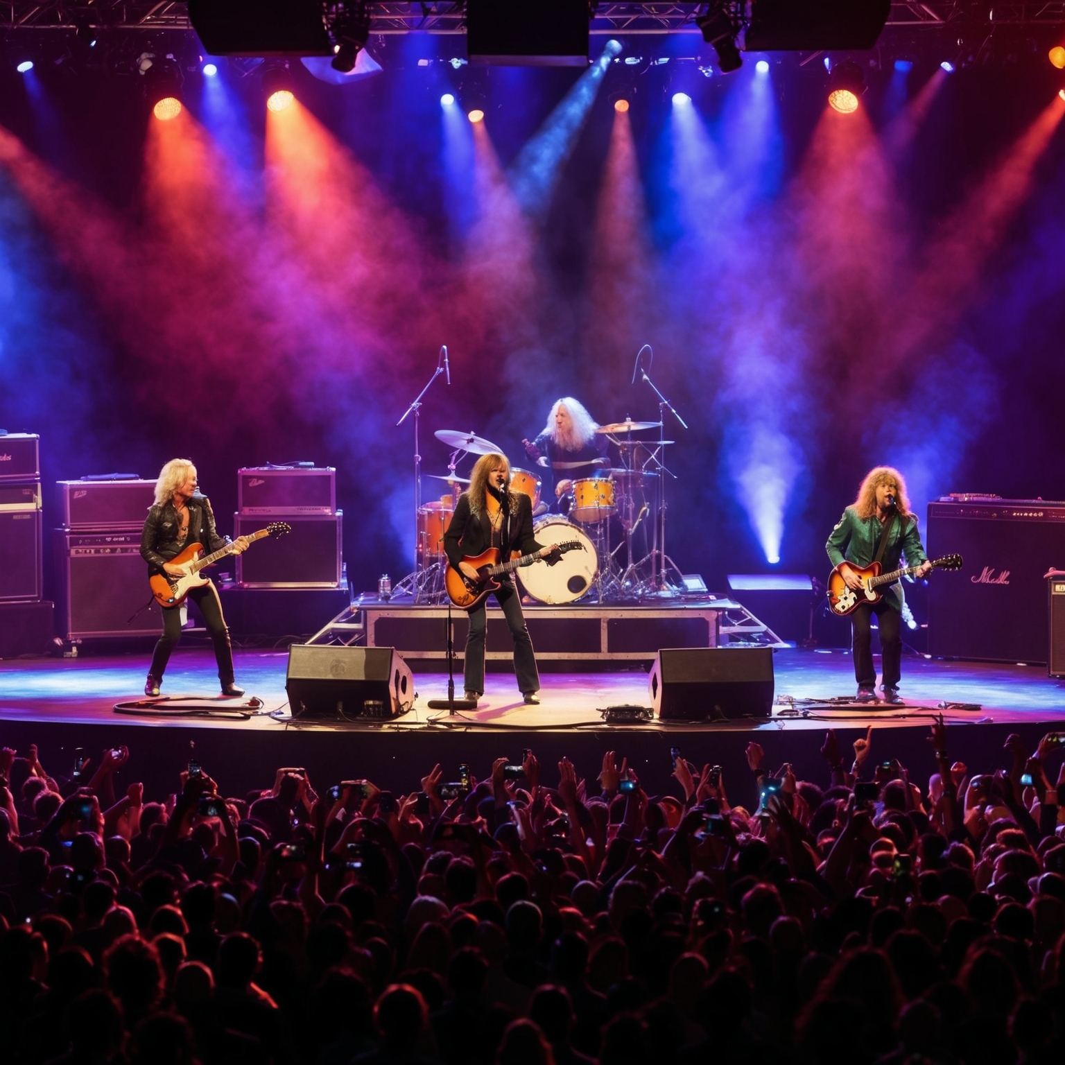 Create an image featuring a classic rock band performing on stage with dynamic lighting and a vibrant crowd, capturing the energy and timeless appeal of an iconic rock song like 