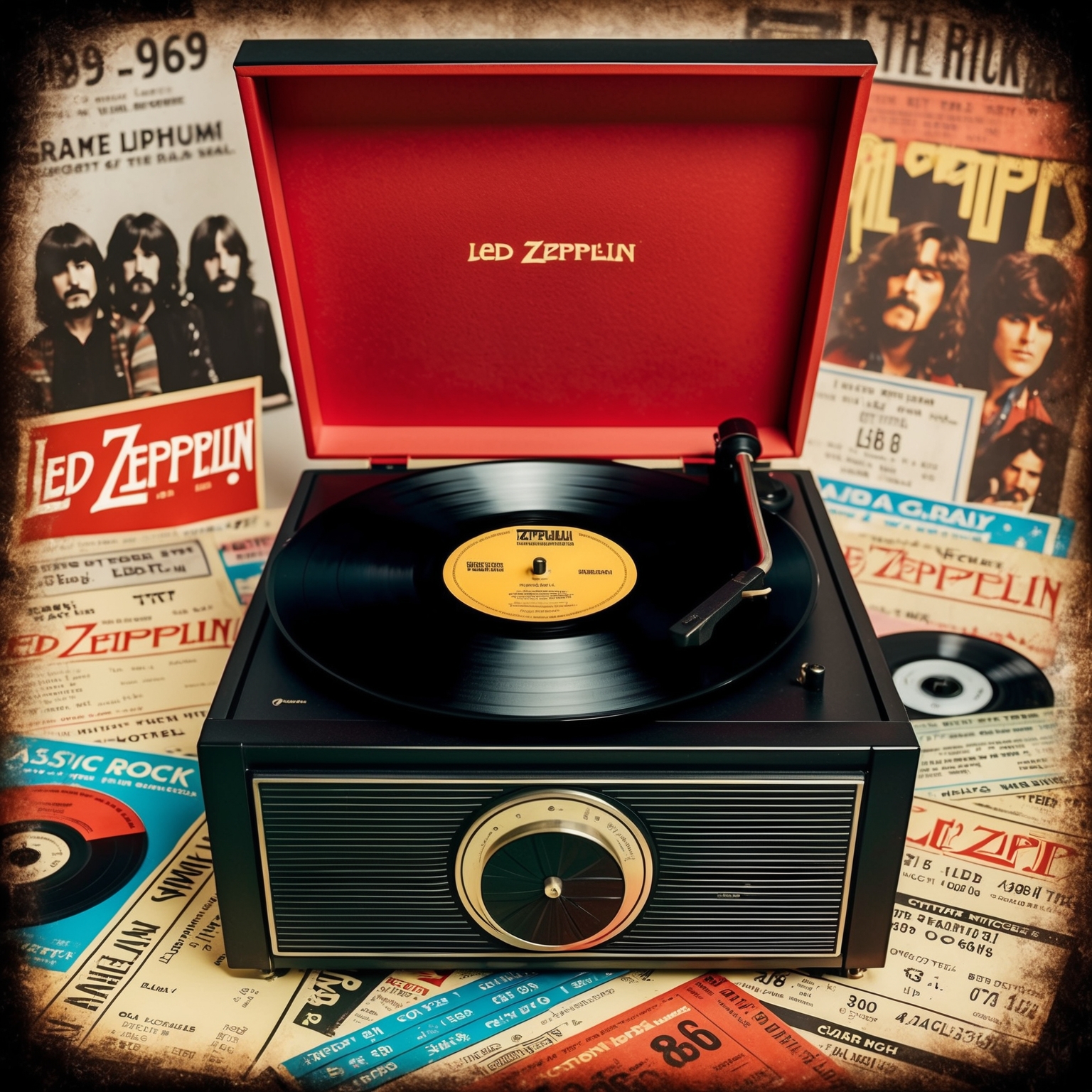 A vintage-style vinyl record player with a Led Zeppelin album playing, surrounded by classic rock memorabilia like concert tickets and posters from the late 1960s. The background should have a retro feel, capturing the essence of the 1969 music scene.