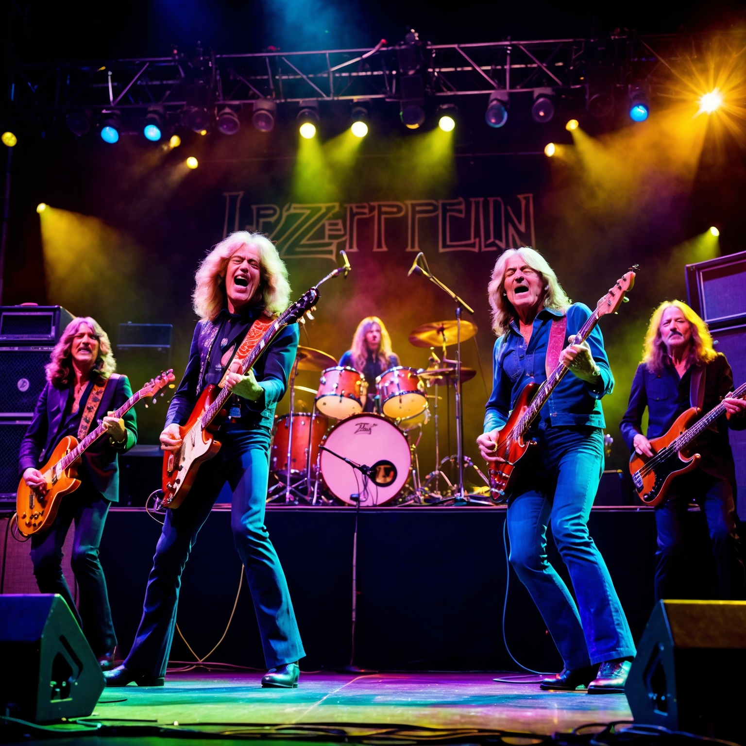 A dynamic and electrifying depiction of Led Zeppelin performing live on stage, set during the late 1960s to early 1970s. The focus is on the vibrant energy of the band members, particularly showcasing Jimmy Page with his electric guitar, Robert Plant