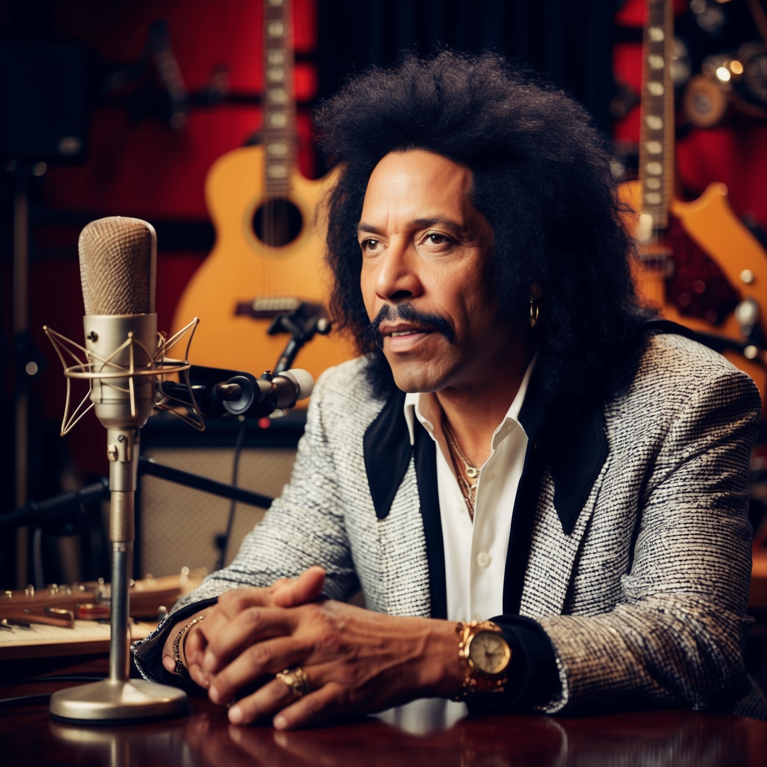 A portrait of Lenny Kravitz in a studio setting, surrounded by musical instruments, particularly guitars, with a vintage microphone in the foreground. The scene reflects a retro rock vibe, capturing his eclectic style and musical genius. The background includes elements of soul and funk, reminiscent of music from the 1960s and 1970s.