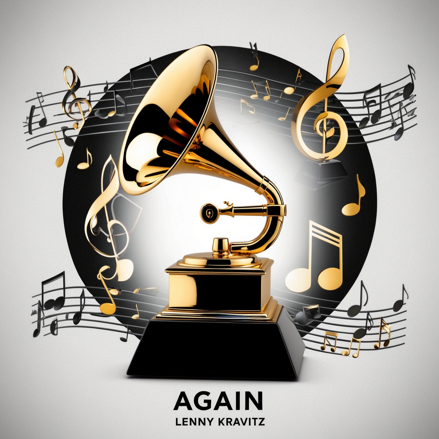 Illustration featuring a highlight of a Grammy Award trophy prominently in the center, with musical notes and symbols subtly integrated in the background, representing the song "Again" by Lenny Kravitz, capturing its success and influence in the music industry.